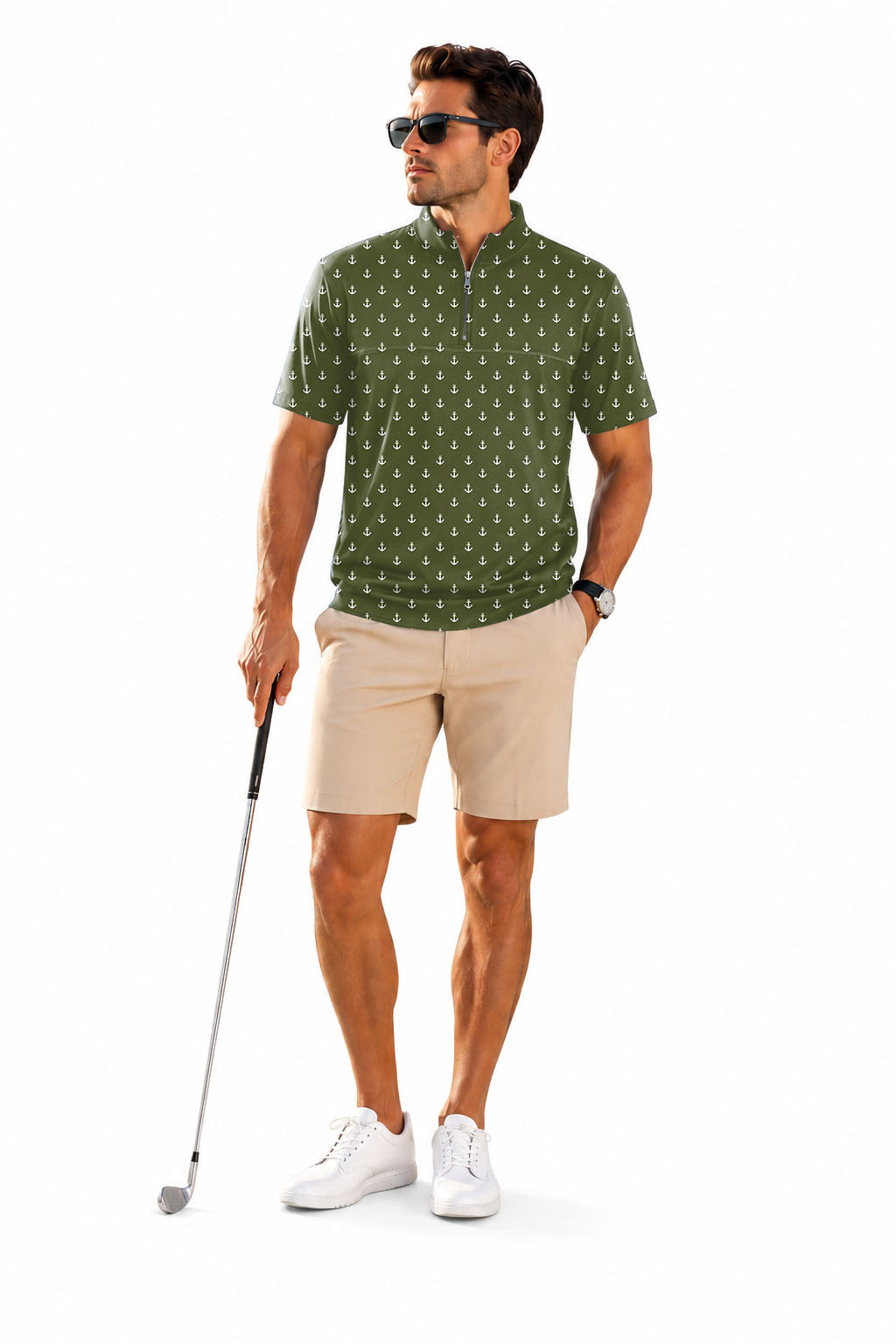 Men's Short Sleeve Quarter Zip Golf Pullover dark Green Anchor Embroidery