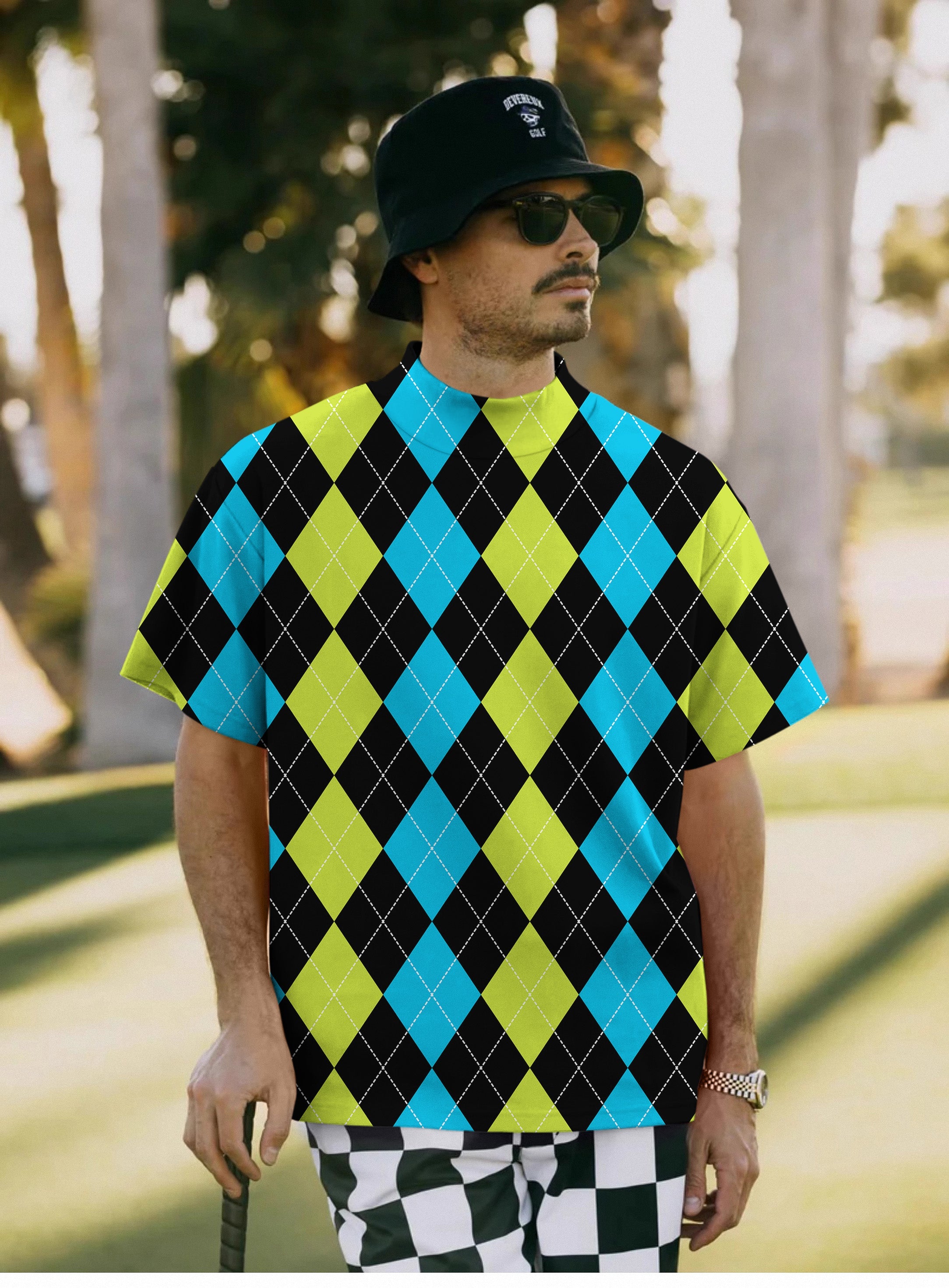 Men's Halloween black green blue argyle pullover t-shirt with short sleeves and high neck