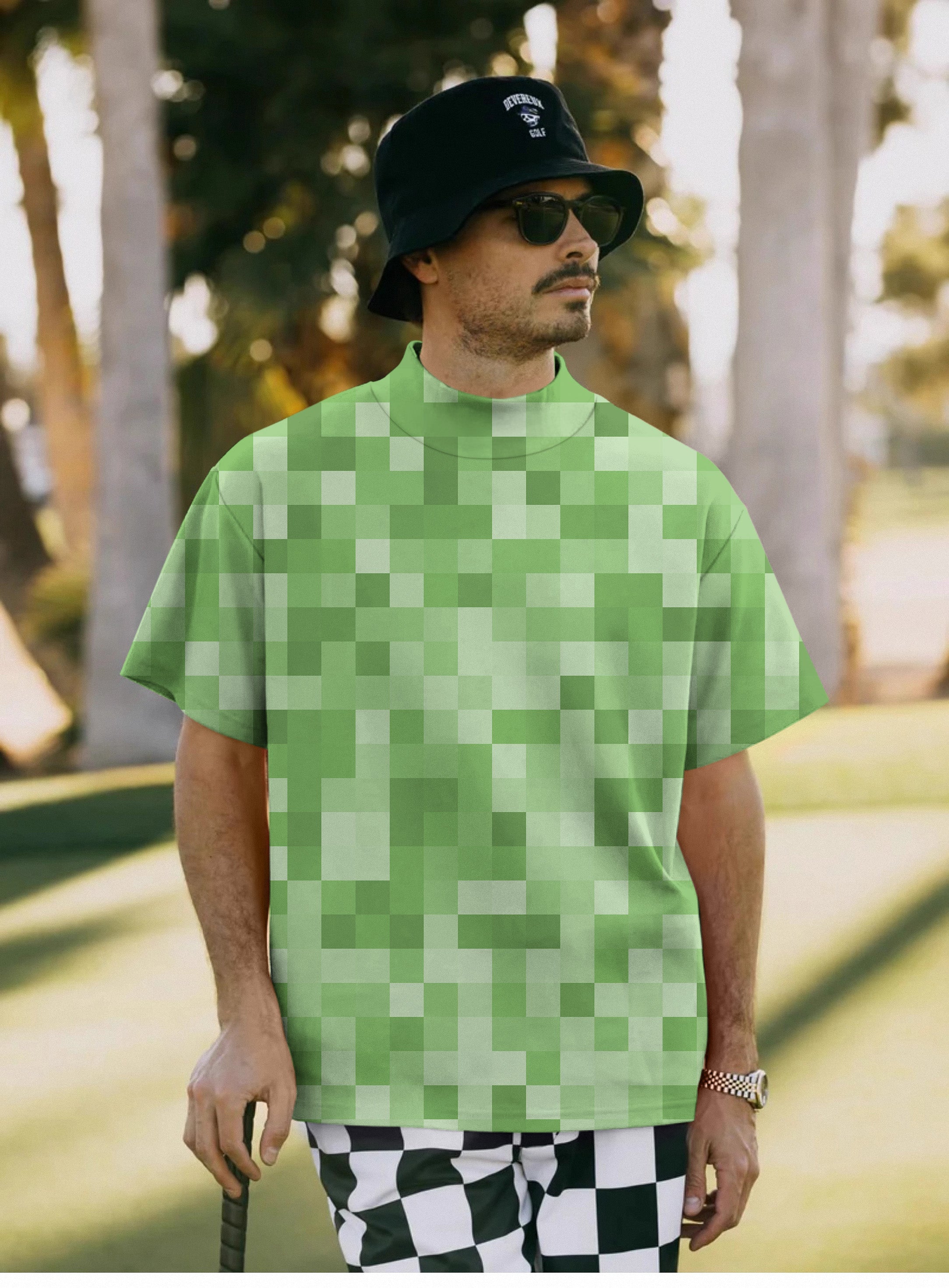 Men's light green pixel big pullover high neck short sleeve T-shirt on a man outdoors