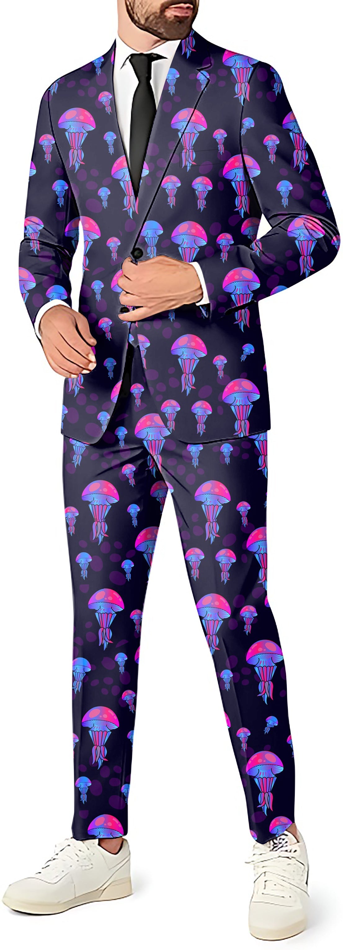 Electric Jelly men's party suit with blazer, pants, and vest featuring vibrant jellyfish theme print