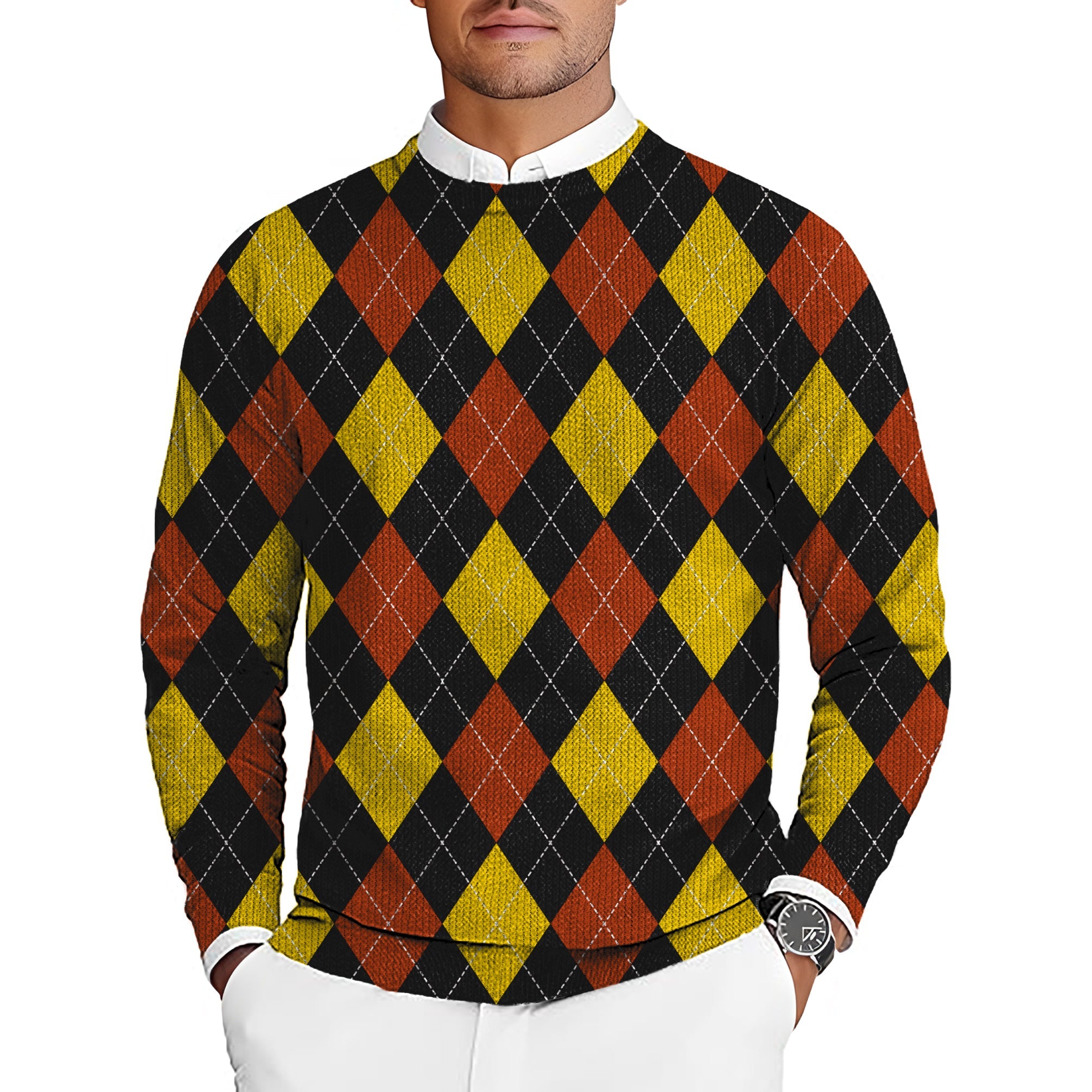 men's red Argyle golf crewneck pullover sweater with yellow and black diamond pattern