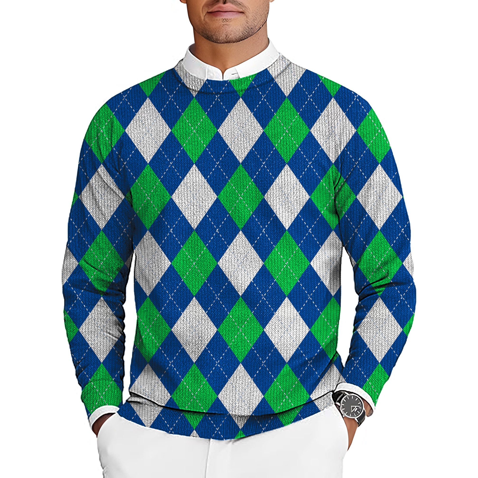 Men's golf crewneck pullover sweater with green and blue argyle pattern