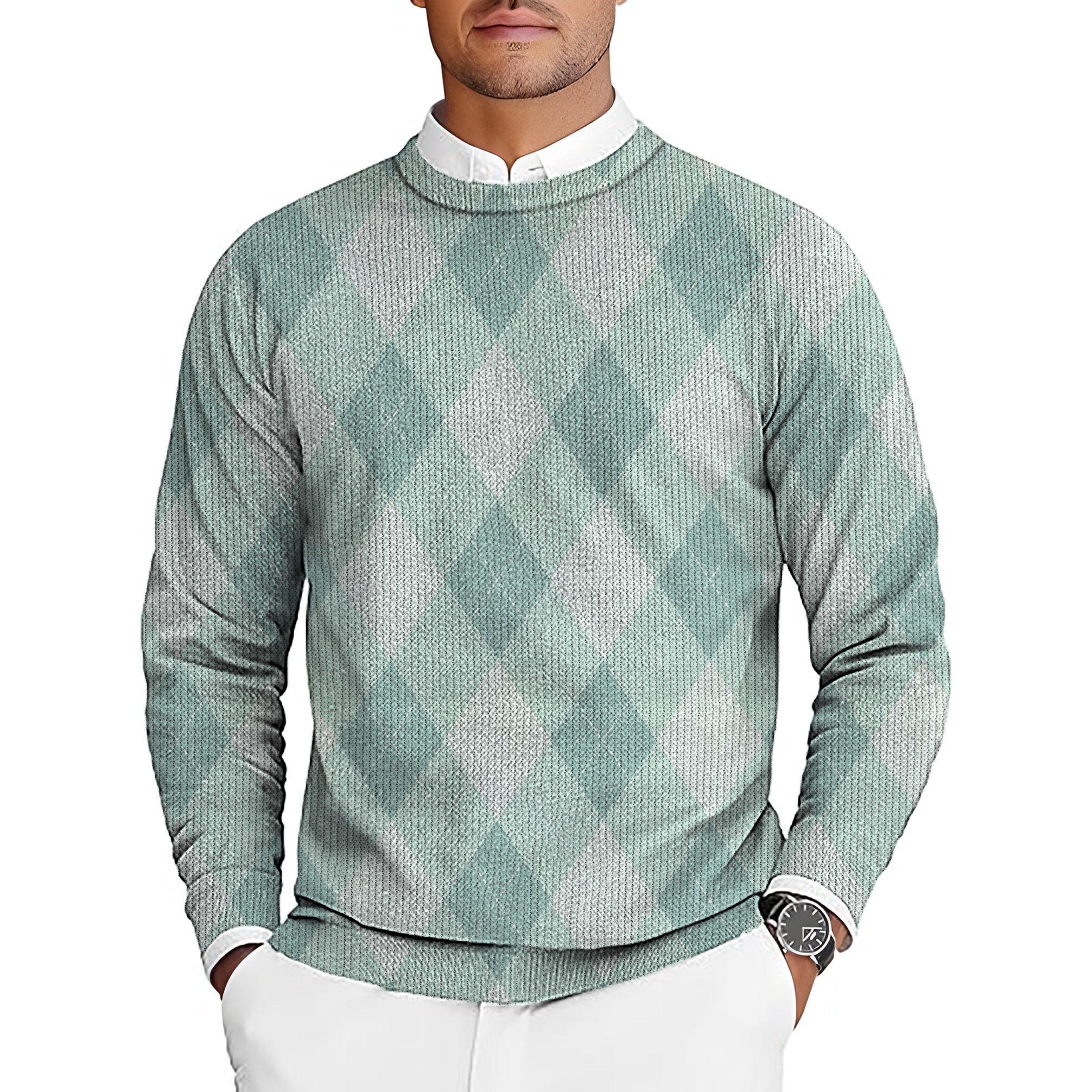 Green argyle men's golf crewneck pullover sweater with long sleeves and a classic argyle pattern