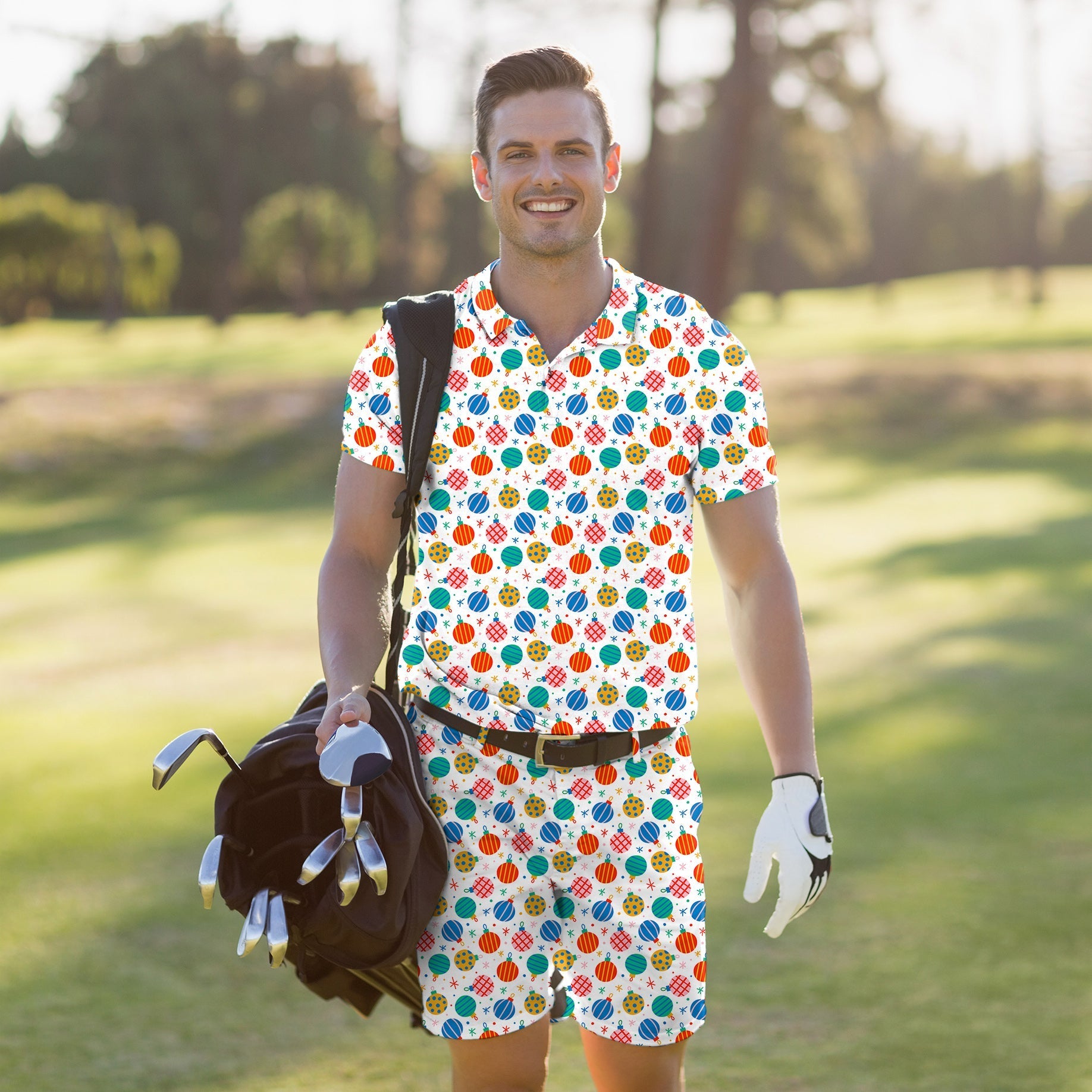 Men's golf set polo and shorts with colorful Christmas decoration pattern on the golf course