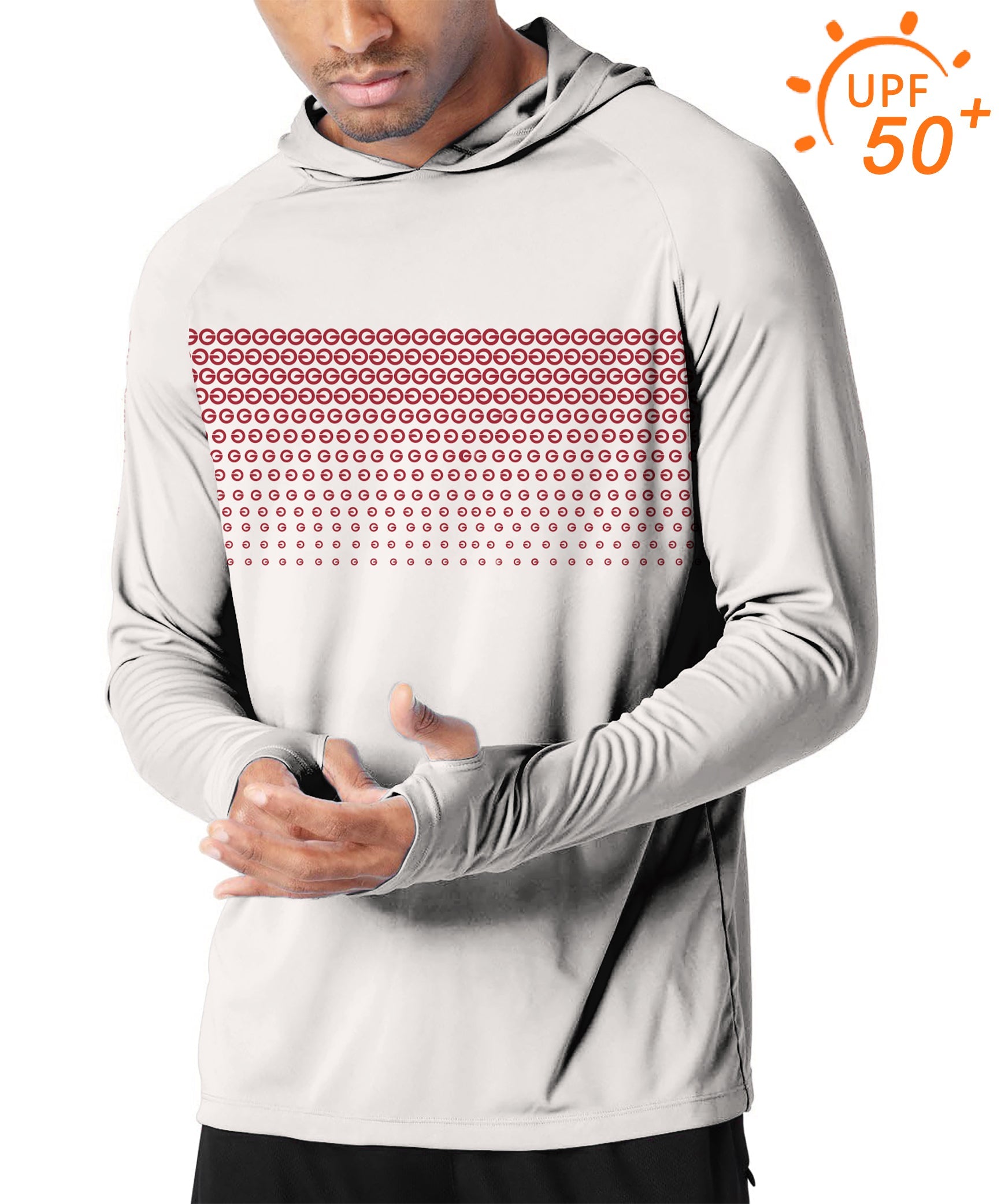 Men's Outdoor Red G slim fit sun protection hoodie with UPF 50+ and thumb holes