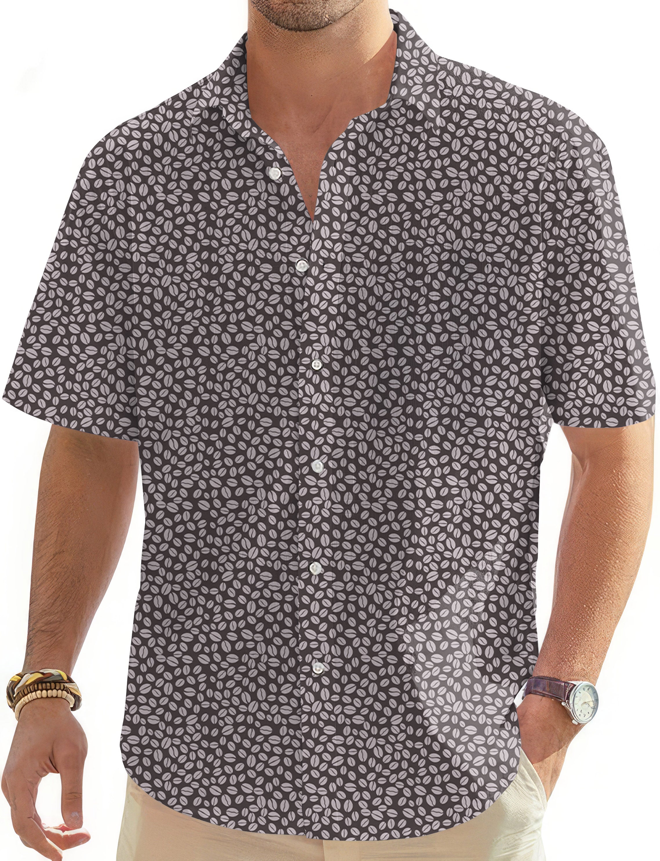 Coffee Beans Men's Golf Hawaiian Shirt with short sleeves and button-down front in black and white pattern
