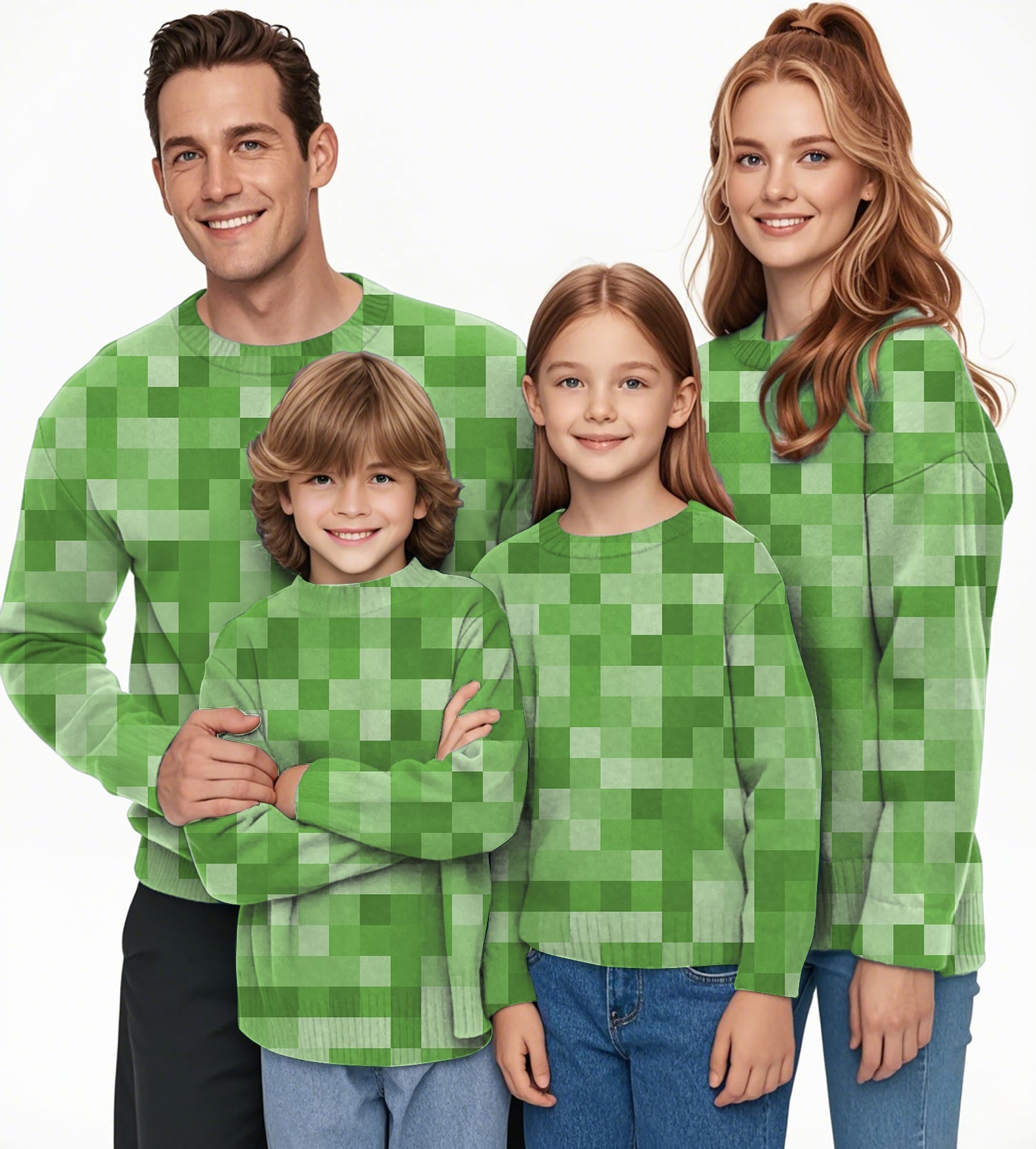 Family wearing light green pixel pattern big crewneck pullover ugly sweaters