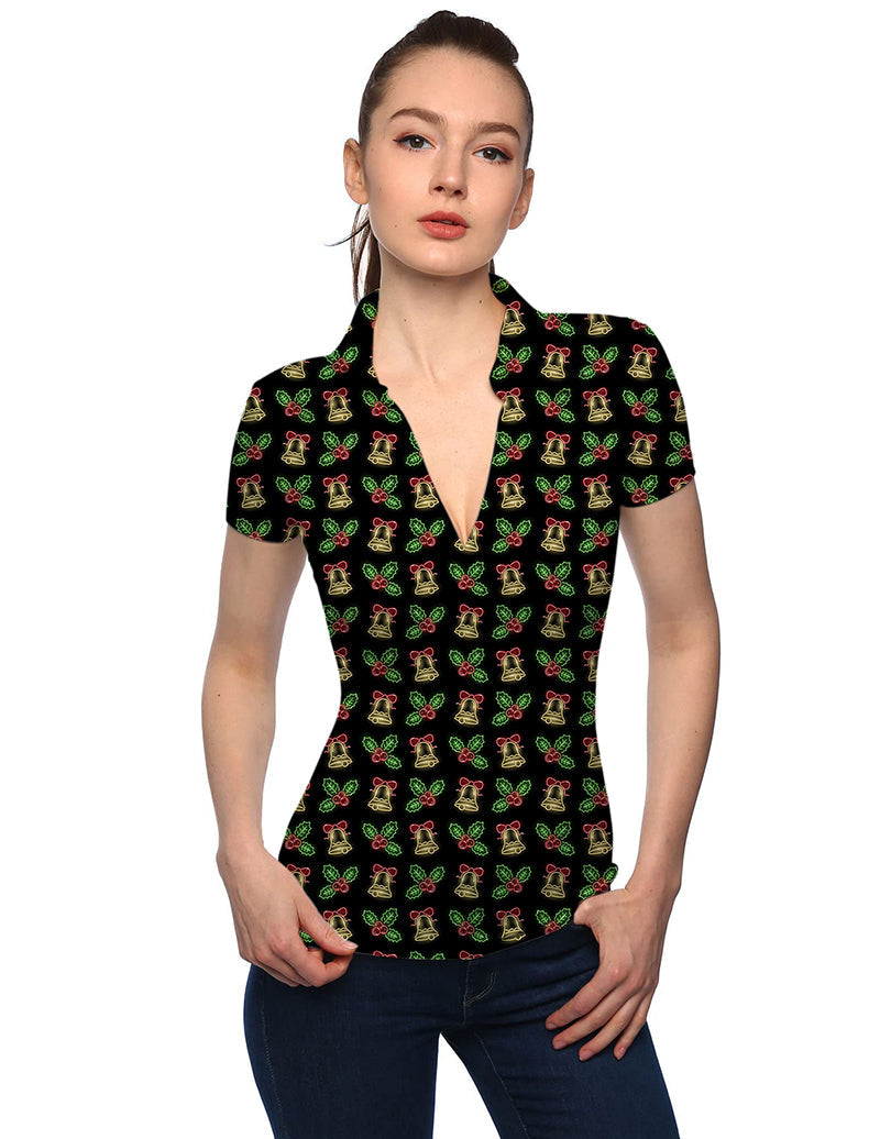 Women's Christmas neon lights V Neck golf polo shirt with festive pattern and stand collar