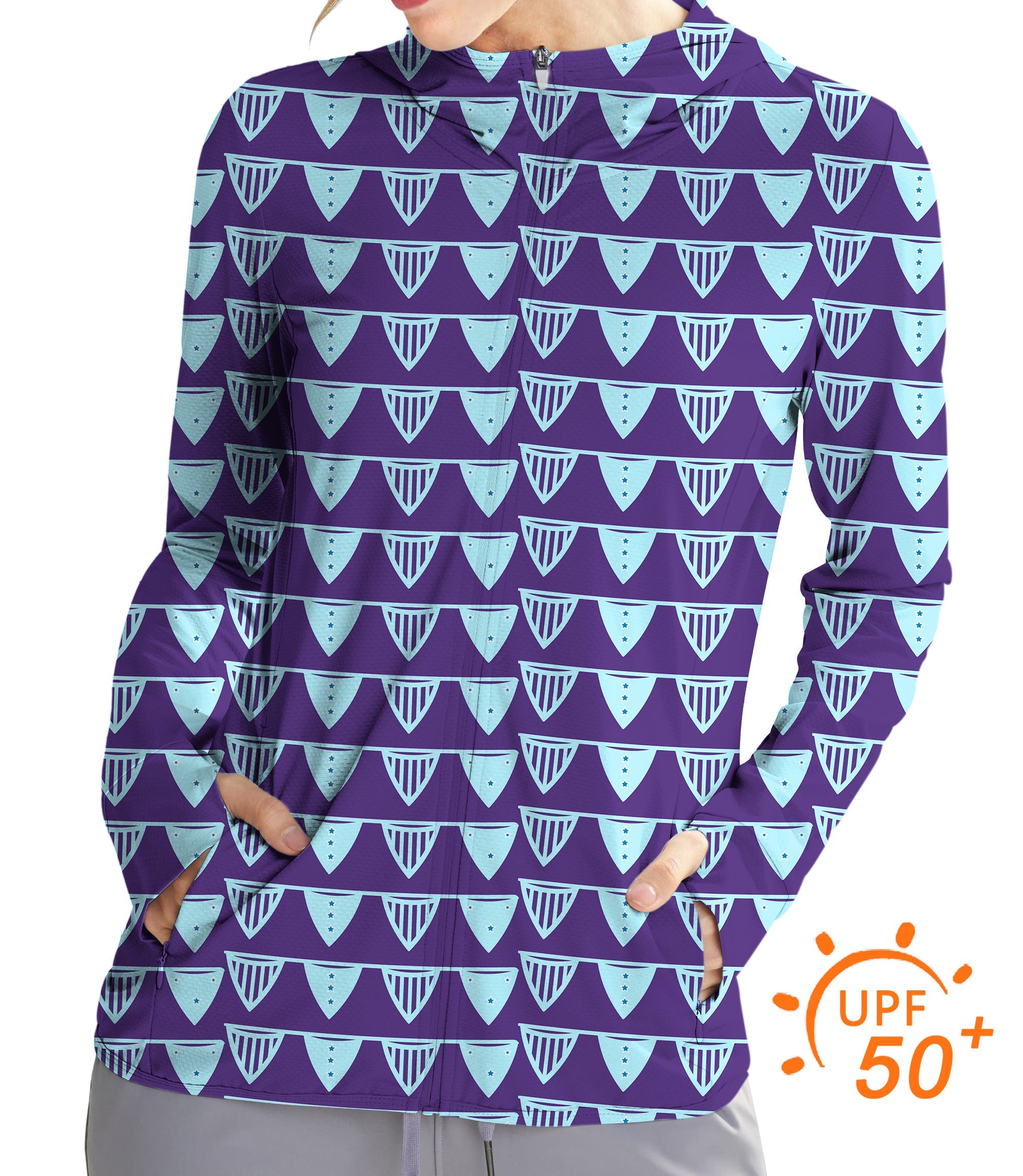 Women's outdoor blue slim fit zip hoodie with sun protection UPF 50+ and thumb holes