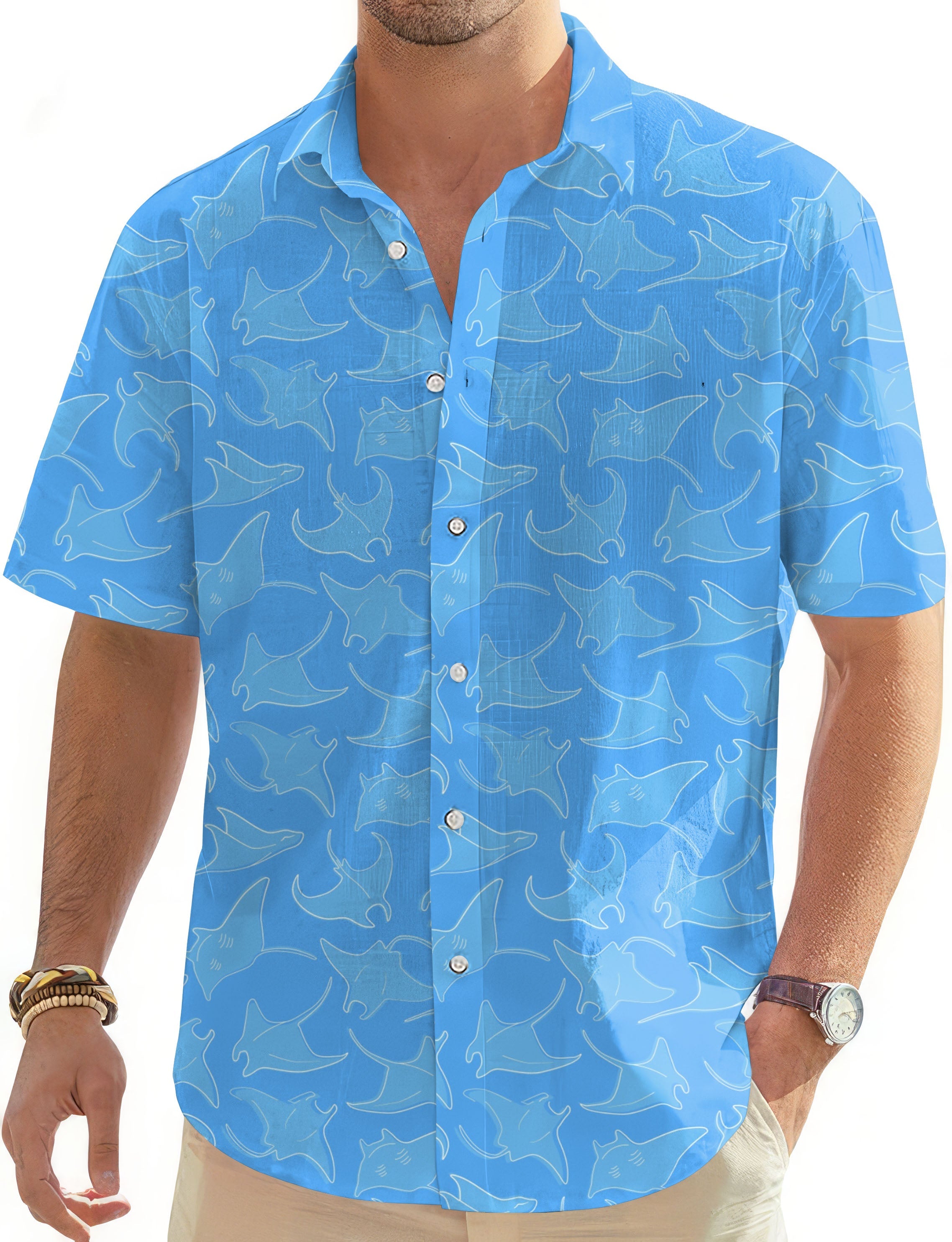 Men's Ocean Rays golf Hawaiian shirt with short sleeves and shark pattern in blue