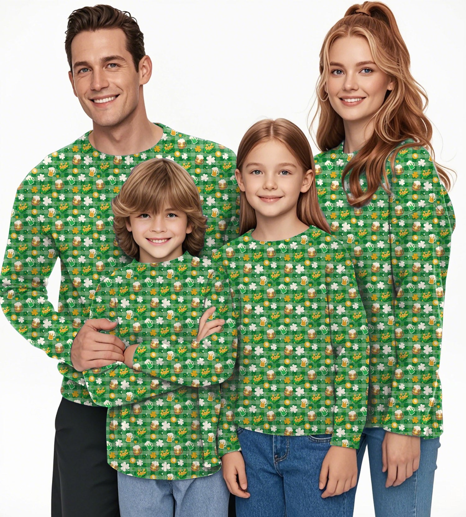 Family wearing green beer and clover leaf St. Patrick's Day crewneck pullover ugly sweaters