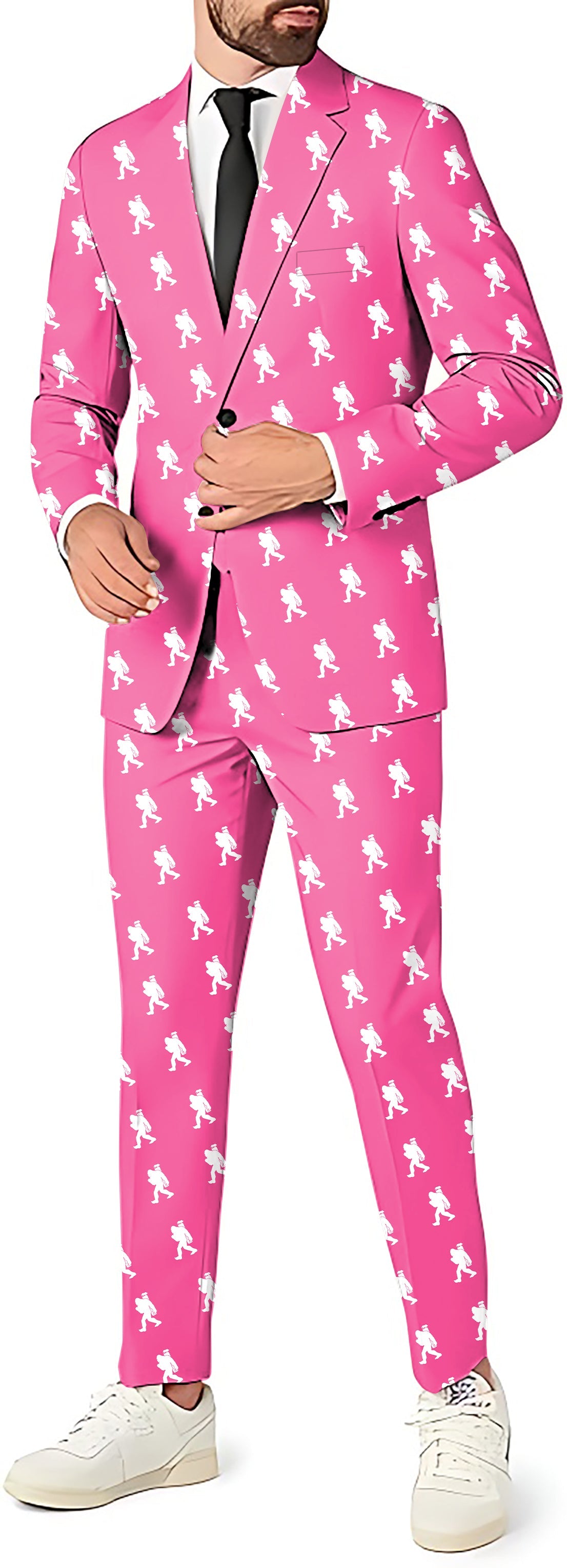 Bigfoot men's pink blazer, pants, and vest party costume suit set with white Bigfoot prints