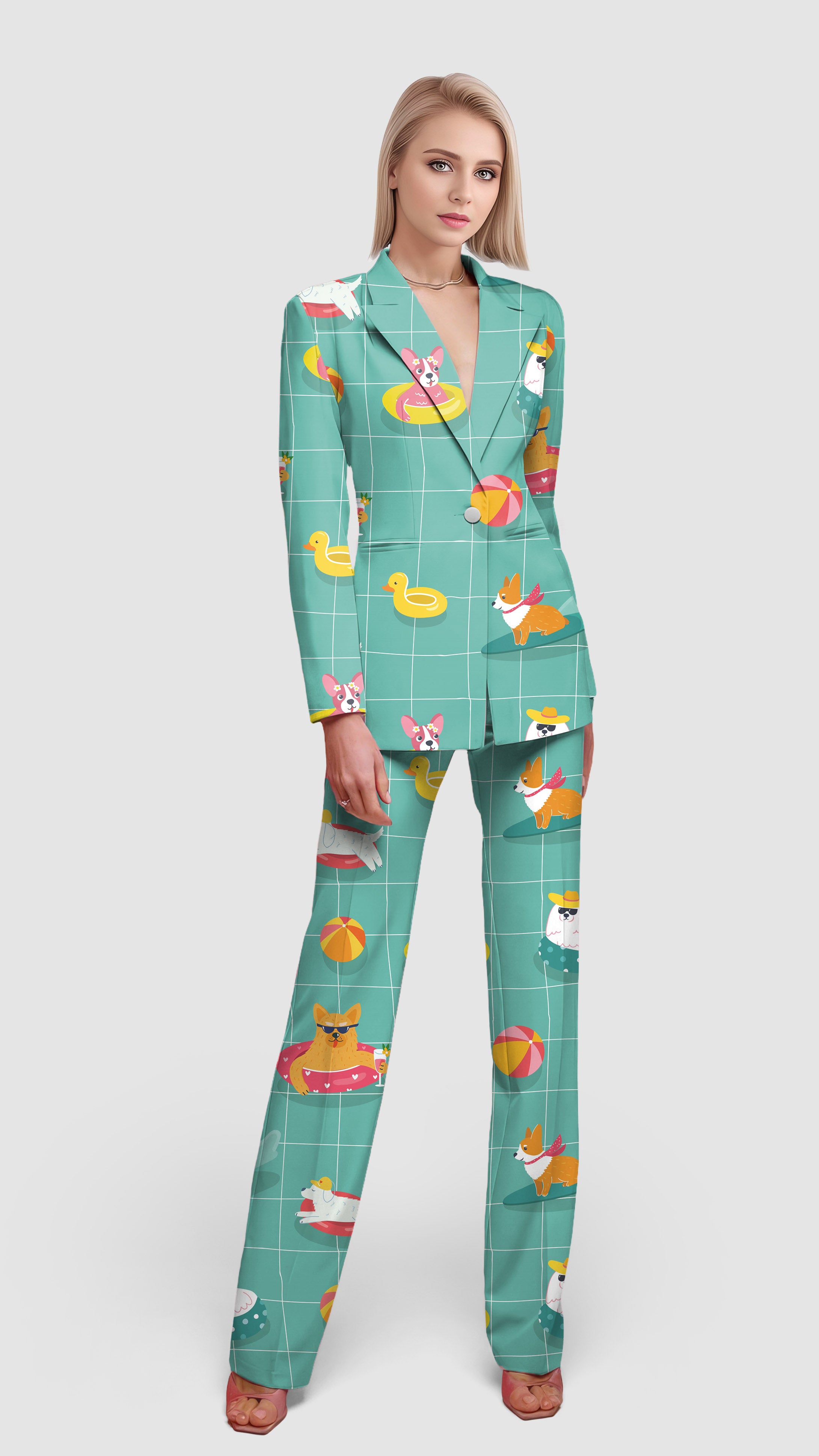 Pup Pool Time-Women's Blazer Casual Work Office Blazer Suit set