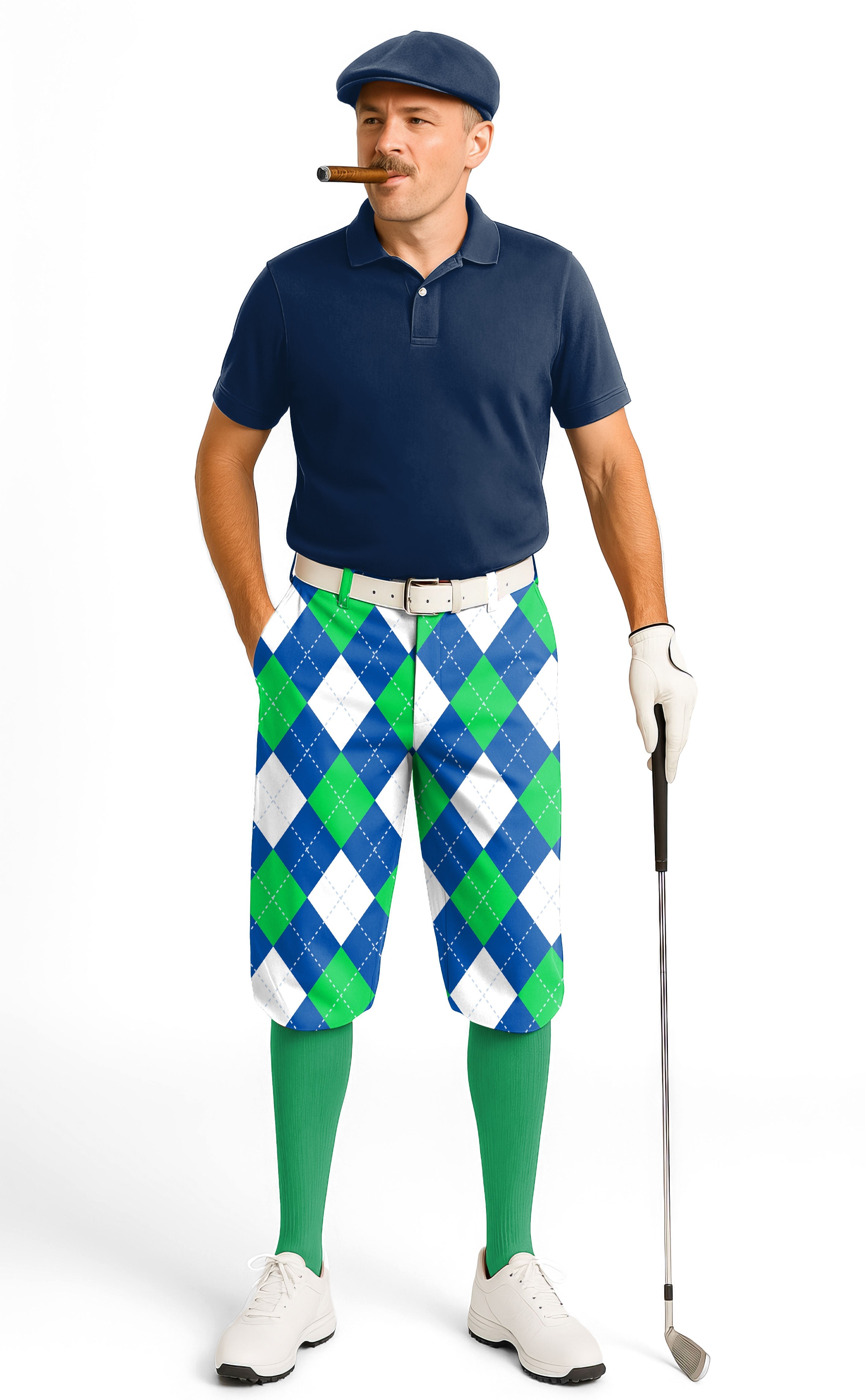 Men's Argyle green blue golf knickers with snug ankle cuffs and breathable, wrinkle-resistant fabric.