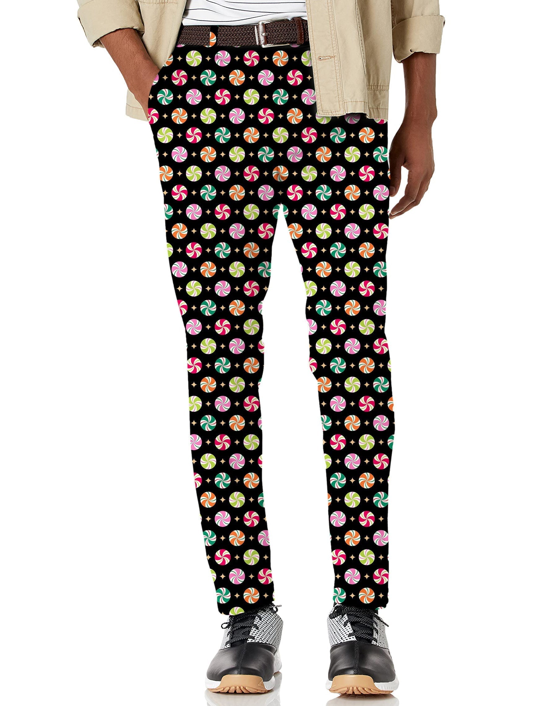 Men's Christmas candy stretch golf pants with colorful peppermint pattern and moisture-wicking fabric