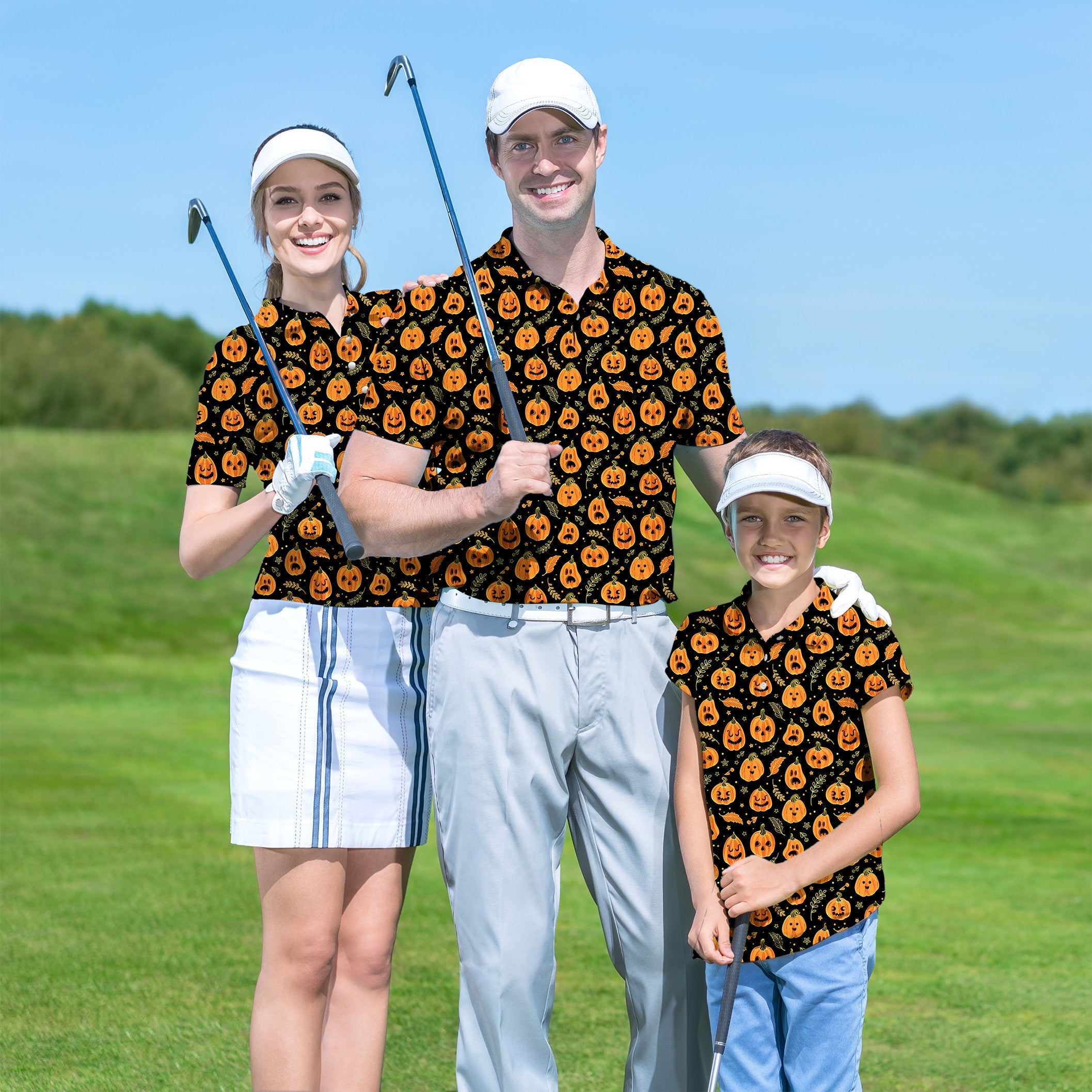 Family Halloween Kawaii Pumpkin Bones set golf shirts worn by smiling family on golf course