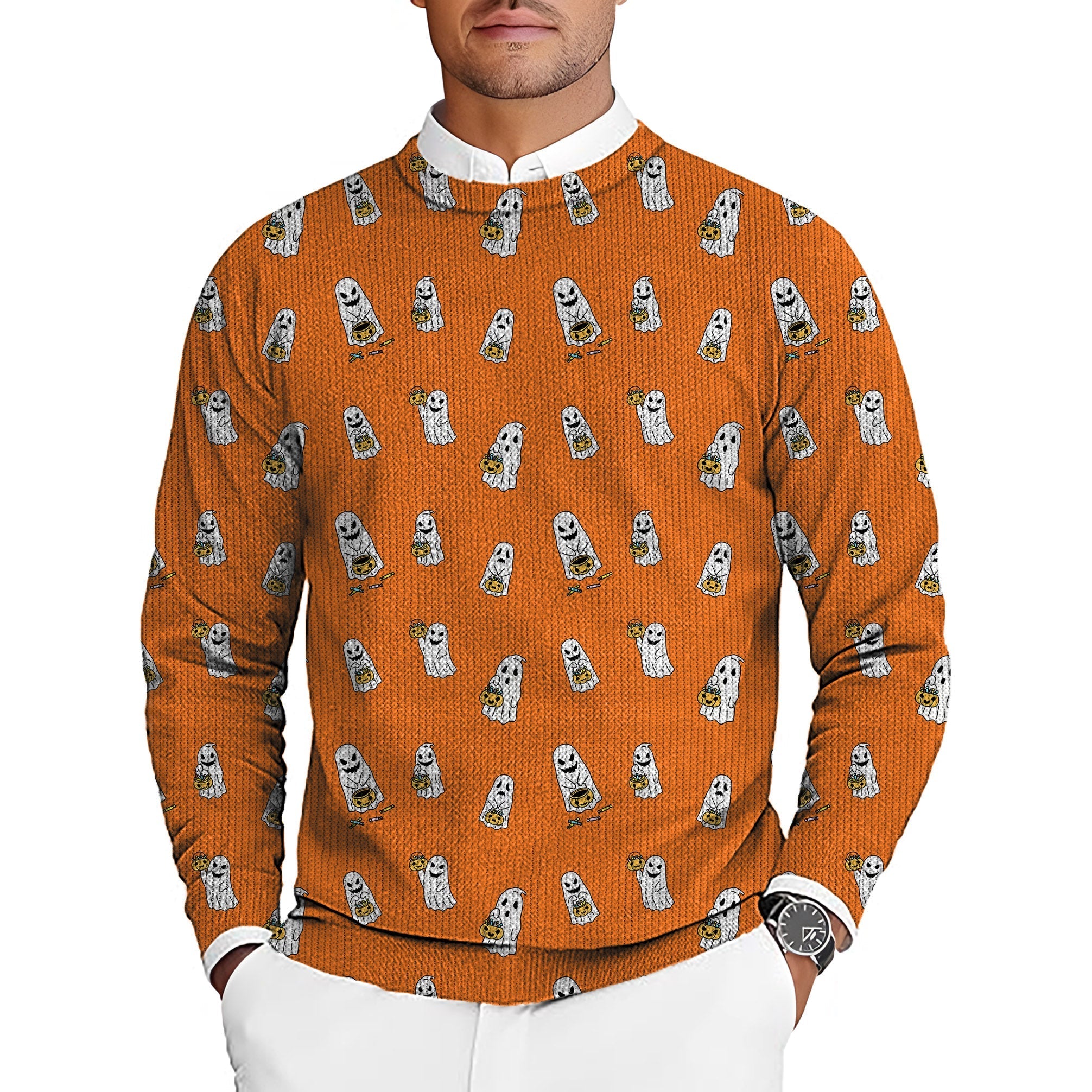 Men's golf crewneck pullover with Halloween ghost pumpkin basket pattern on orange background