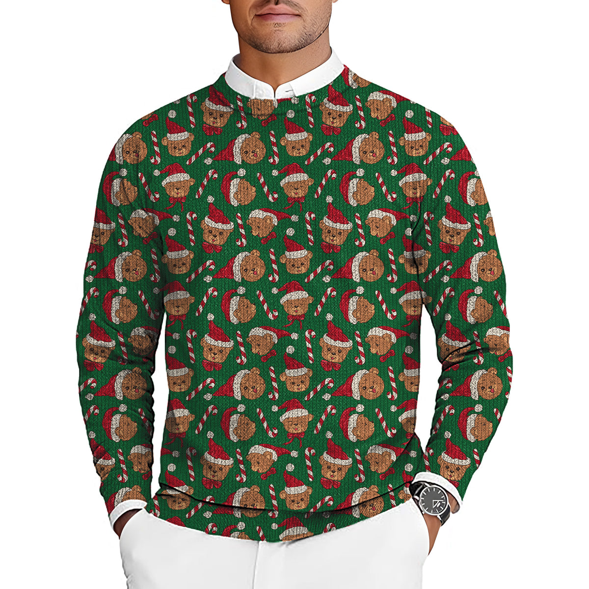 Green Christmas Teddy Bear Men's Golf Crewneck Pullover Sweaters Ugly Sweater