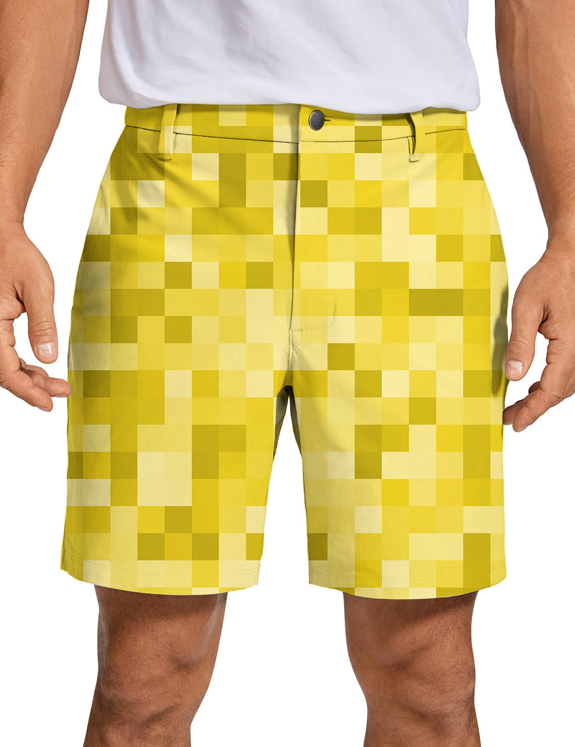 Men's yellow pixel pattern golf shorts with large pixel print, quick-dry, lightweight and breathable fabric.