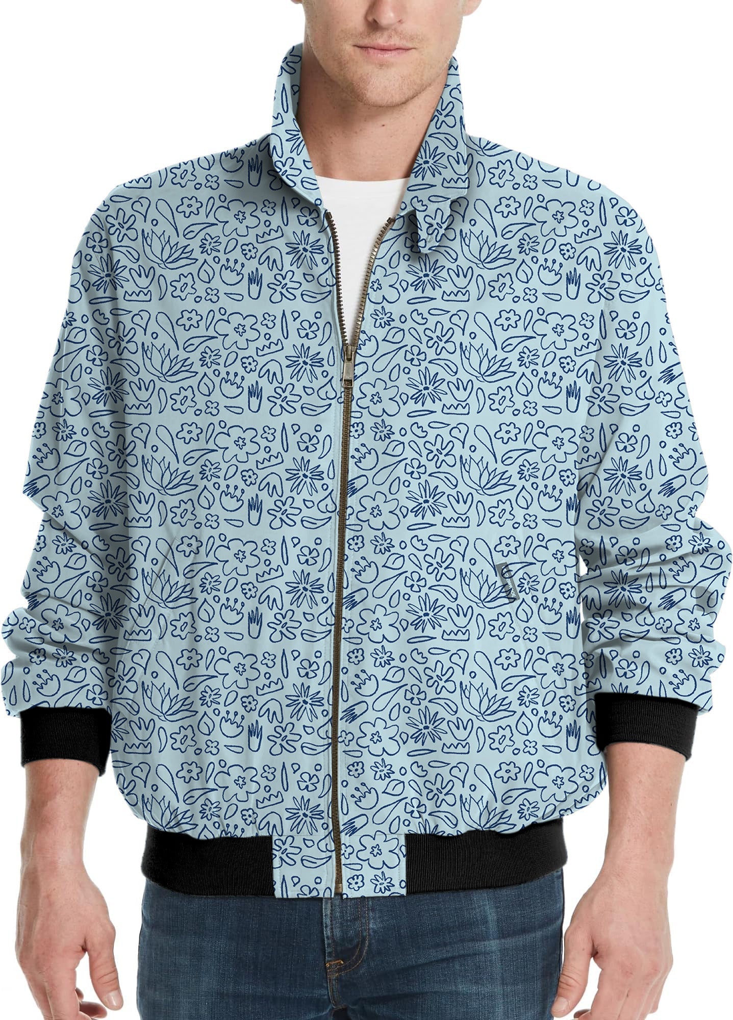 Men's golf windbreaker light jacket with simple blue flower pattern