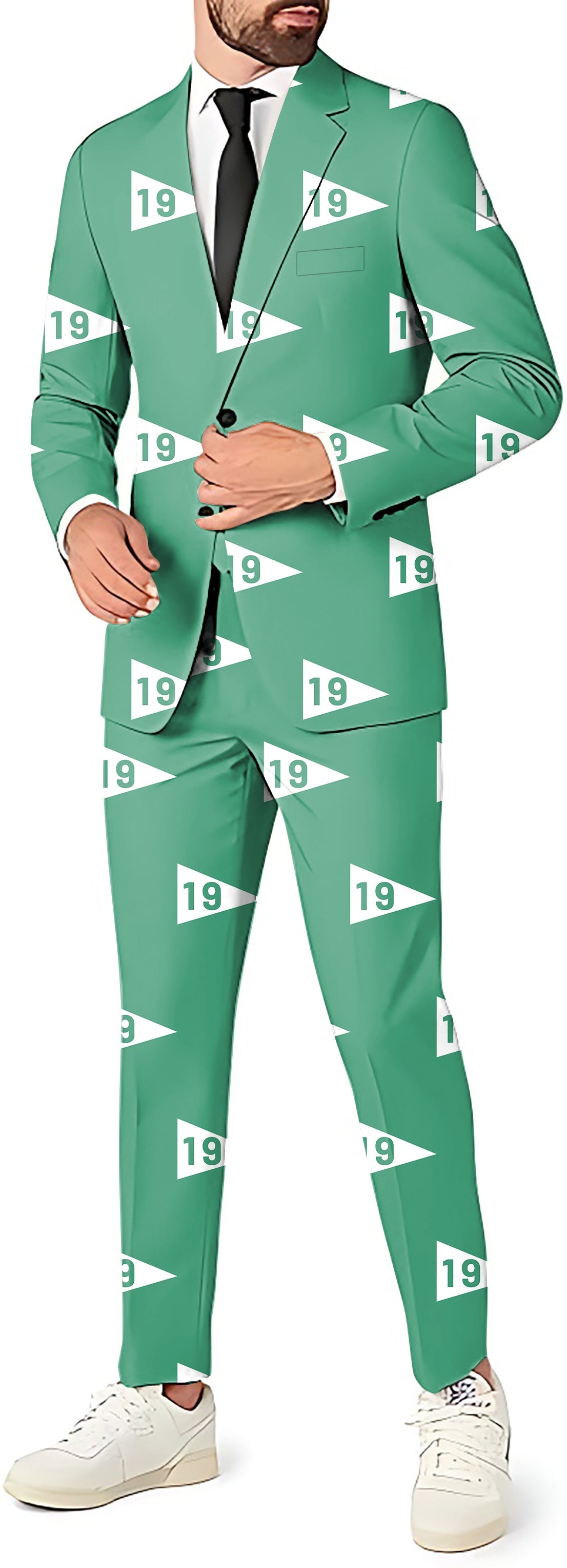 Men's party costume with green blazer and pants featuring 19th hole golf tournament theme and customizable design