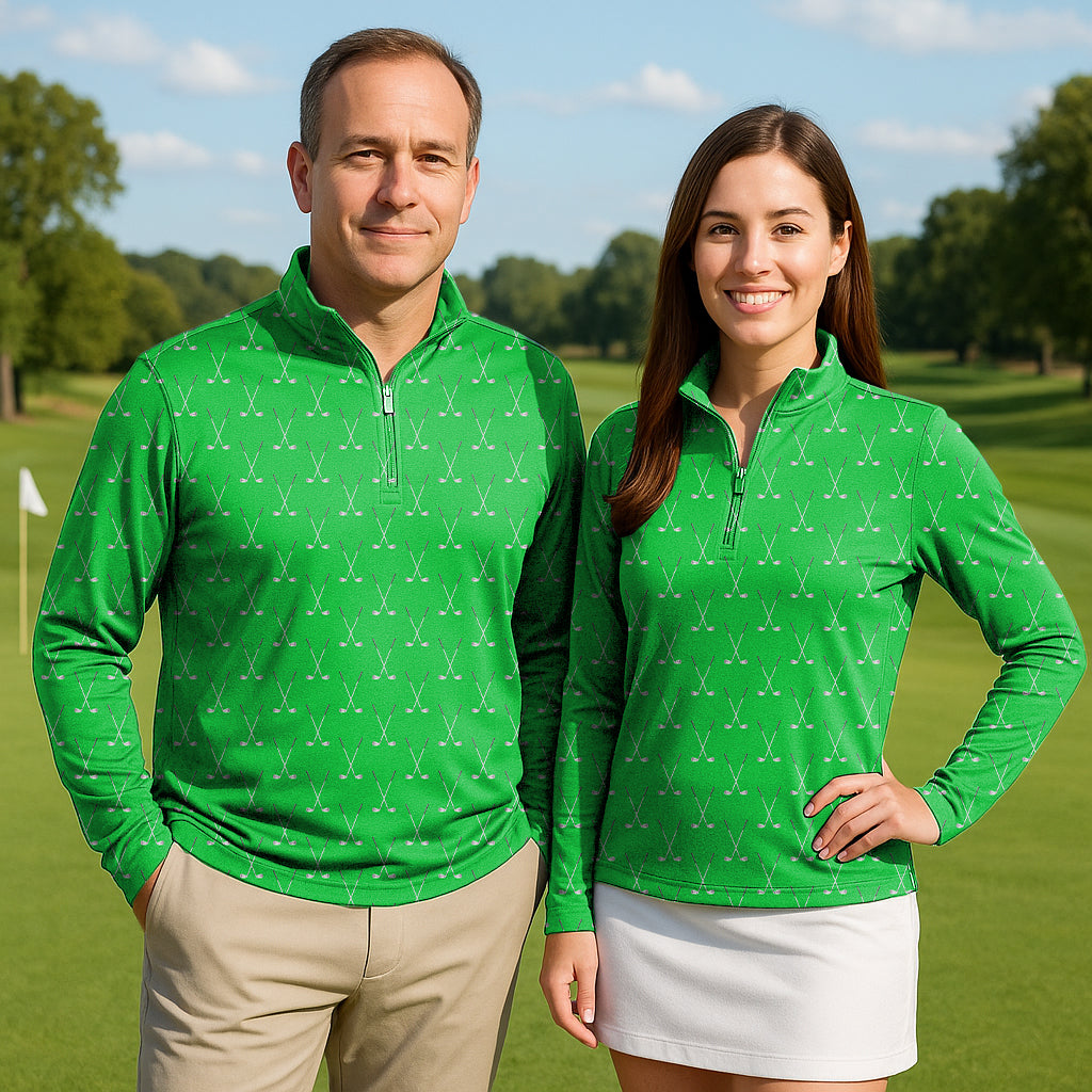 Golf Club Couple Golf active 3/4 zip long sleeve tops in green, lightweight, breathable fabric with UPF50+ sun protection