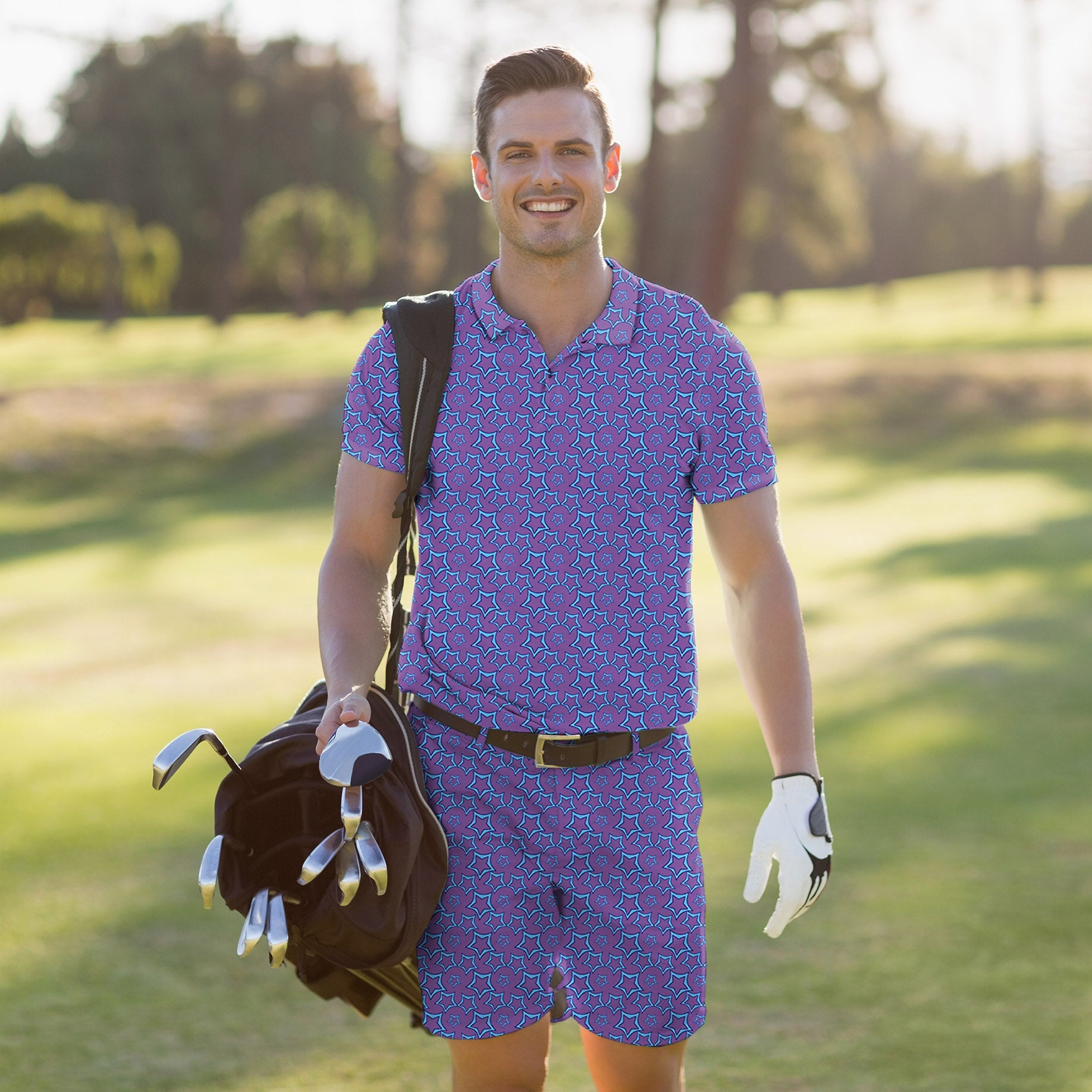 Men's Golf Set with blue star patterned polo and shorts, moisture-wicking, stretch fabric, UPF 40+ protection, wrinkle-resistant, classic fit for sport and business casual.