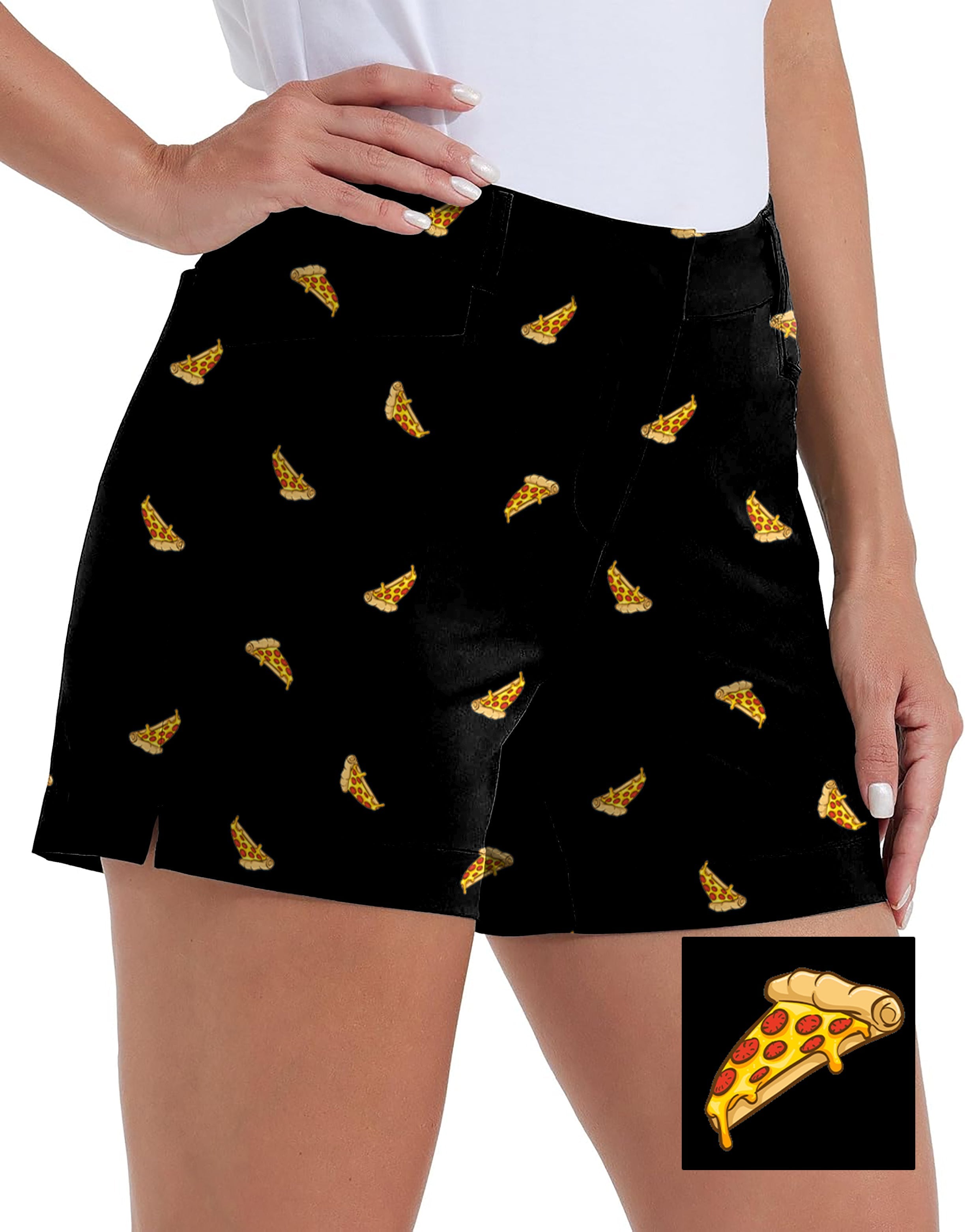 Women's black quick-drying golf shorts with white pizza custom print, waterproof and casual with pockets