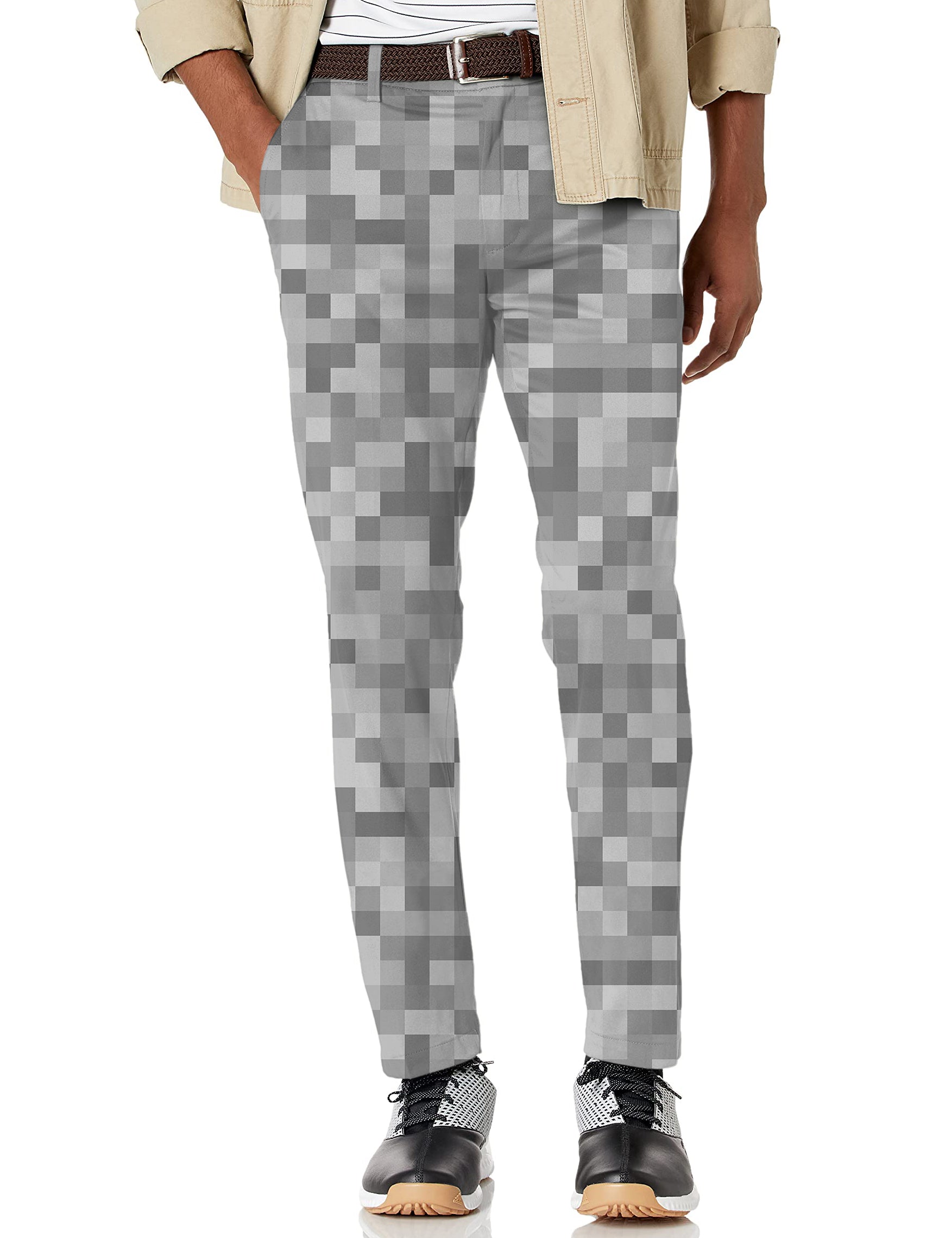 Men's grey pixel stretch golf pants with moisture-wicking, wrinkle-resistant fabric and classic pockets