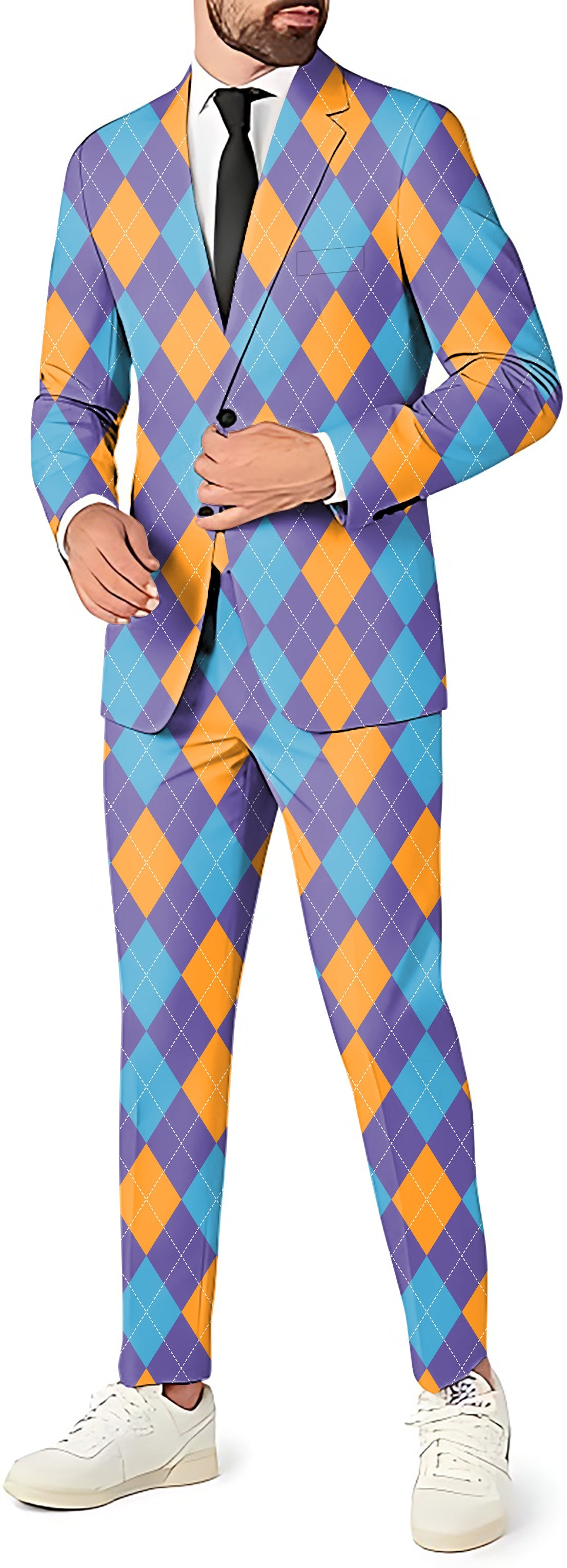 Men's purple orange blue argyle party suit with blazer, pants, and vest in slim fit style