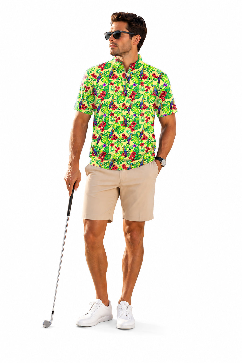 Men's Short Sleeve Quarter Zip Golf Pullover Palm Leaf Toucan Embroidery