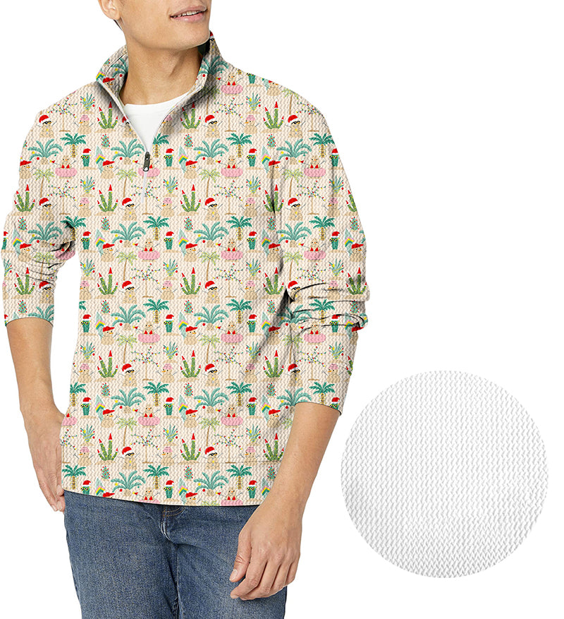 Christmas desert men's golf waffle zipper pullover with holiday cactus pattern and textured fabric