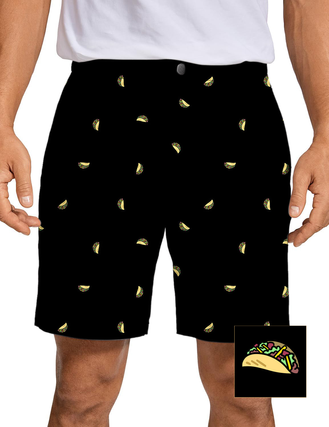 Men's black golf shorts with custom taco print, lightweight and breathable premium fabric