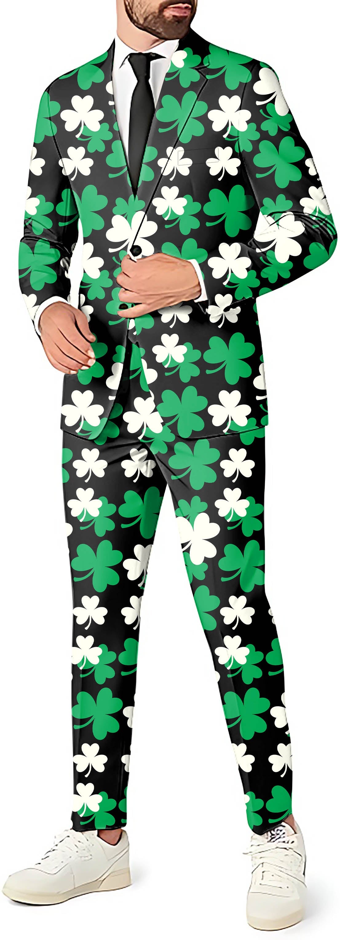 Men's St. Patrick's Day party suit with green and white leaf clover pattern, including blazer, vest, and pants.