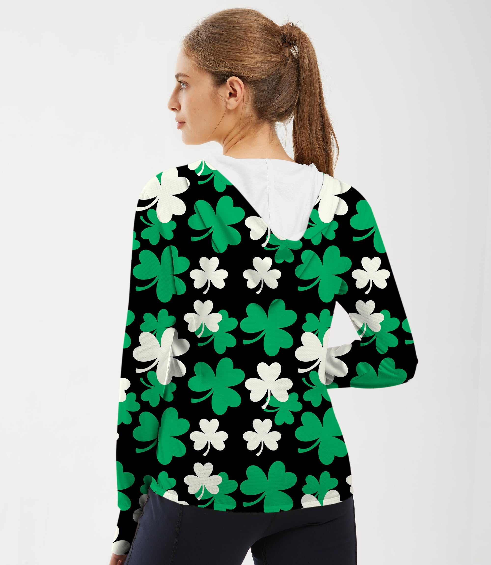 Women's outdoor leaf clover St. Patrick's Day golf sun protection slim fit zip hoodie