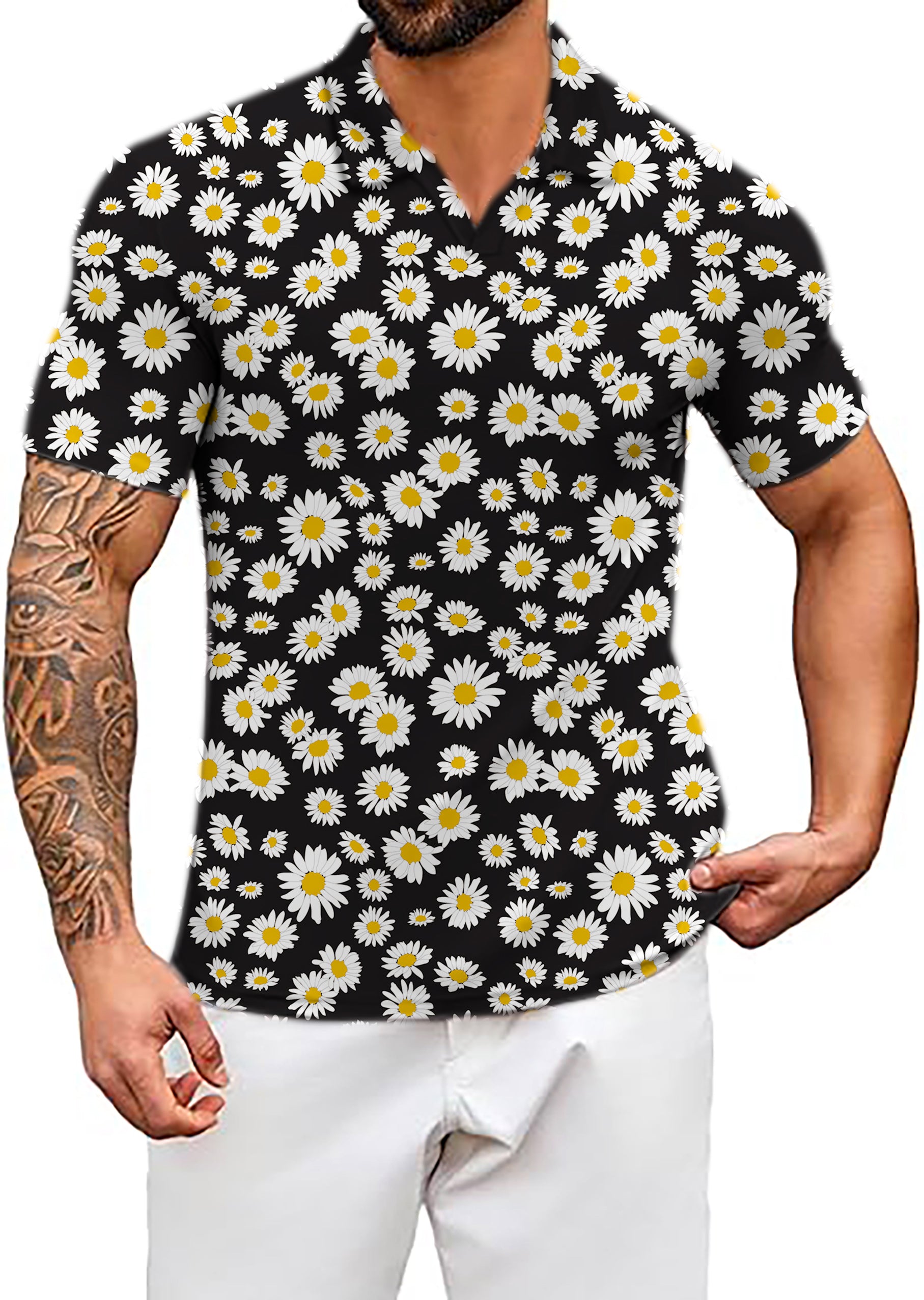 Men's Daisy Black Flower Cool V Neck Golf Polo Shirts
