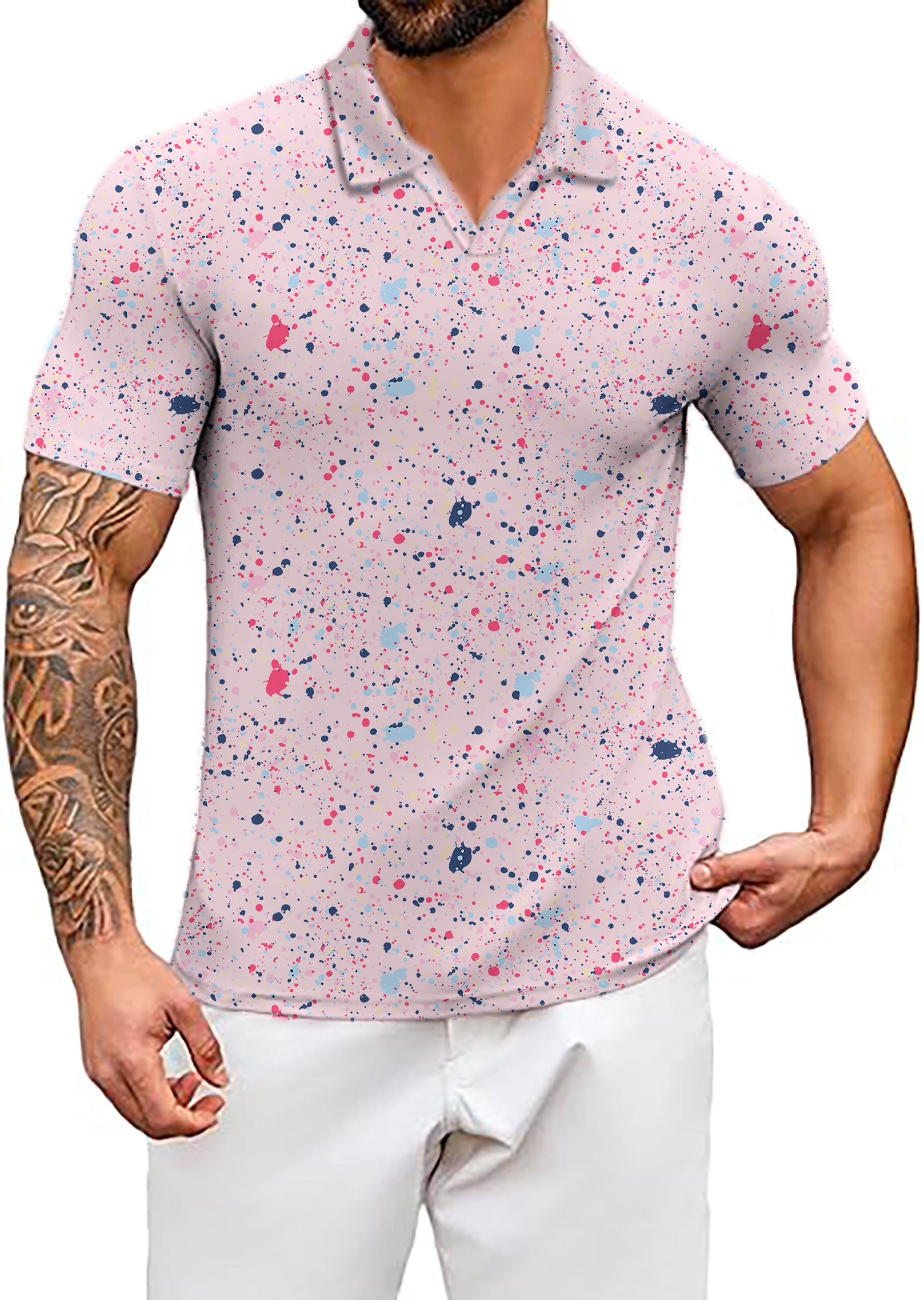 Men's Coconut Palm black and pink ink dots V-neck golf polo shirt with four-way stretch and moisture-wicking fabric