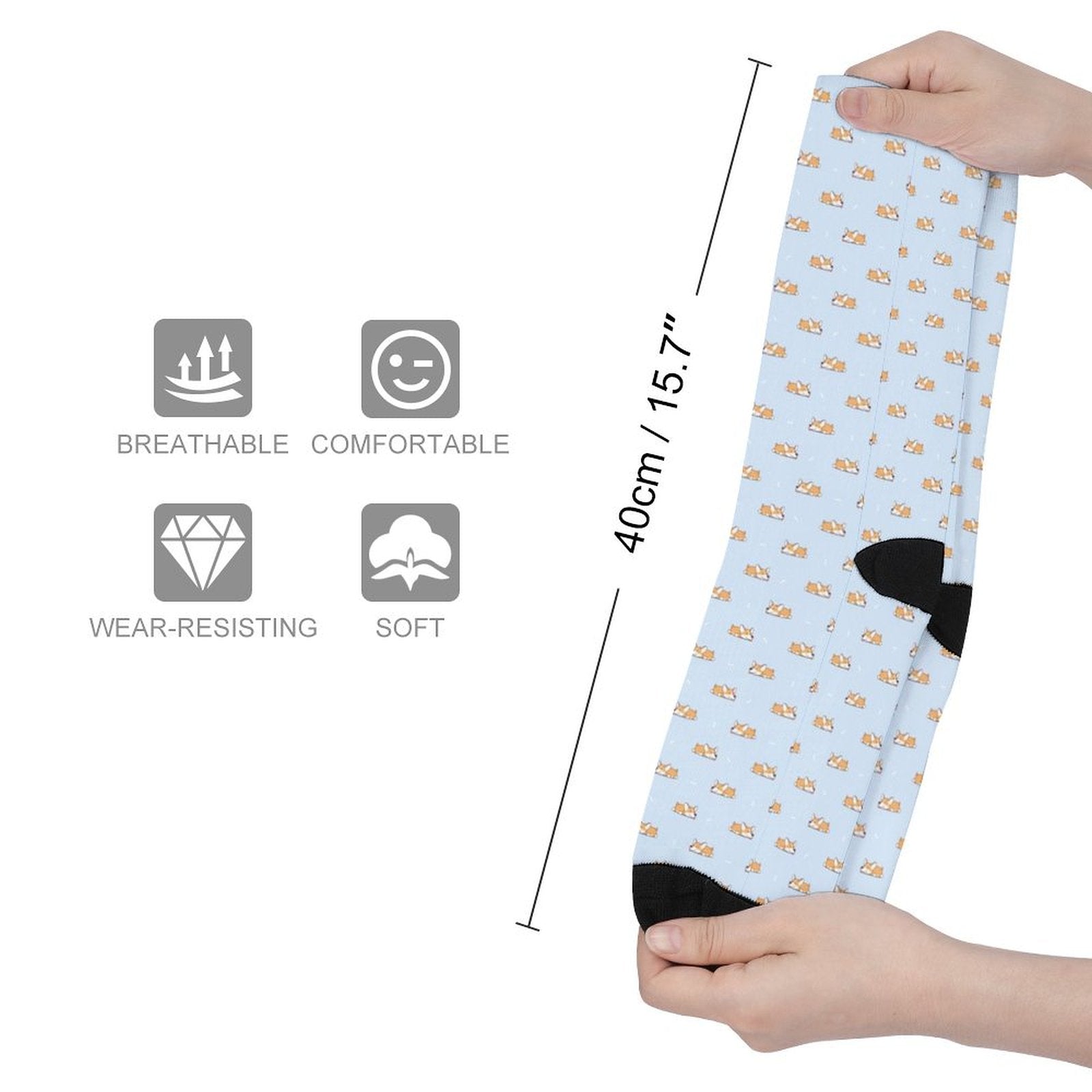 Cute corgi printed socks for men and women, breathable, comfortable, soft, wear-resistant crew socks gift idea