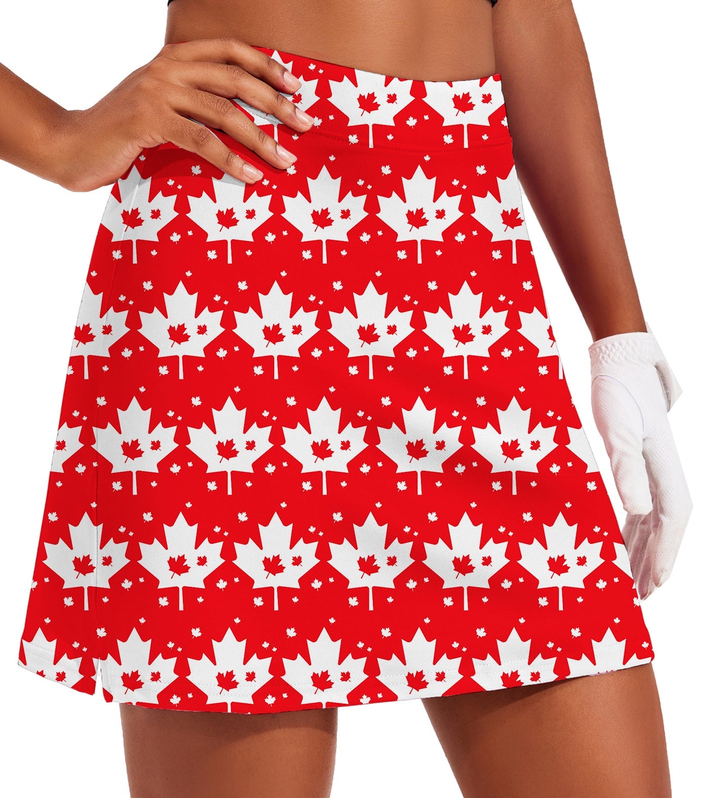 Women's golf skirt with Canadian Maple Leaf pattern and inner shorts pocket