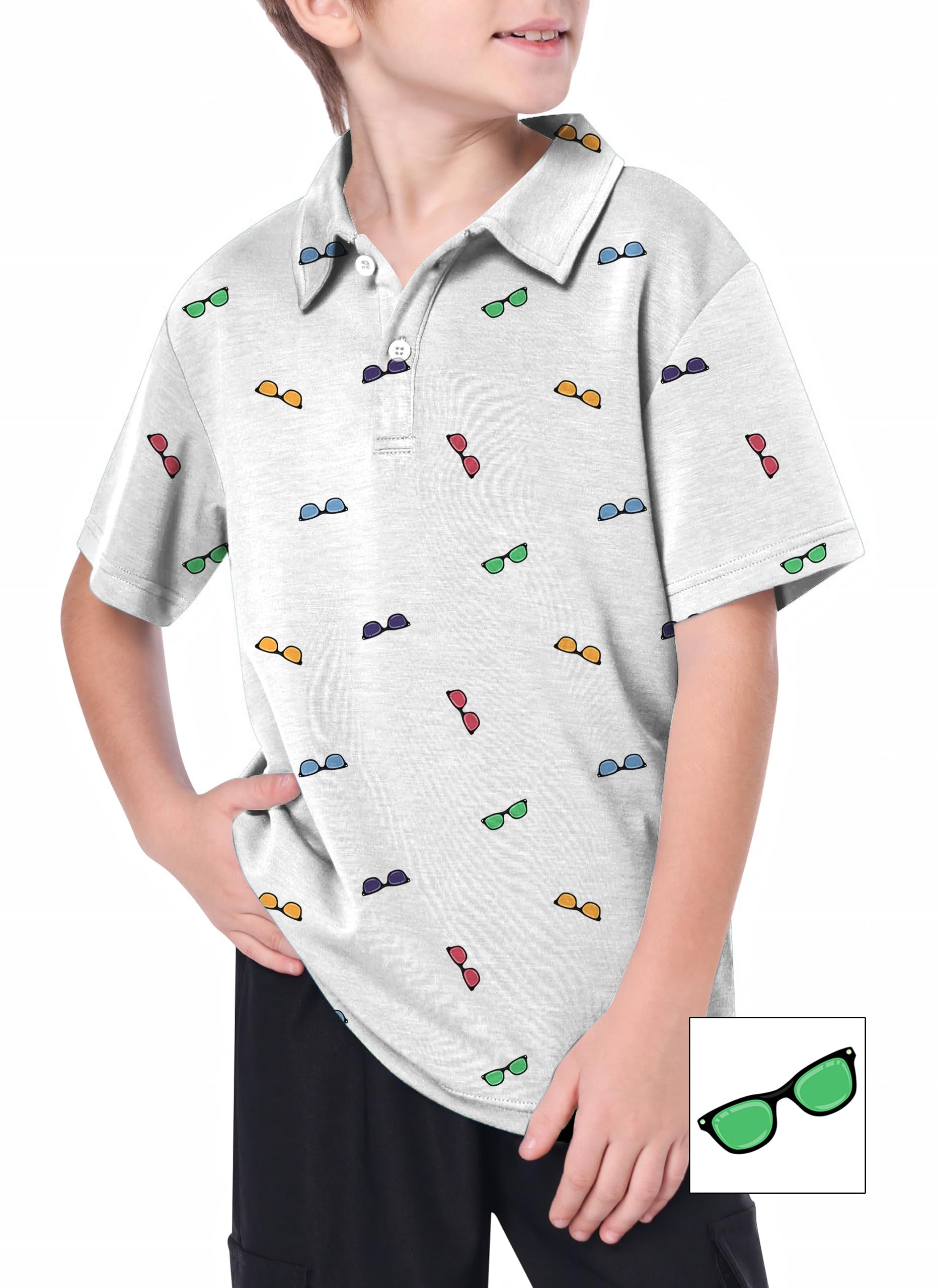 Youth golf polo shirt with colorful sunglass print, moisture-wicking, UPF 40+, and 4-way stretch fabric