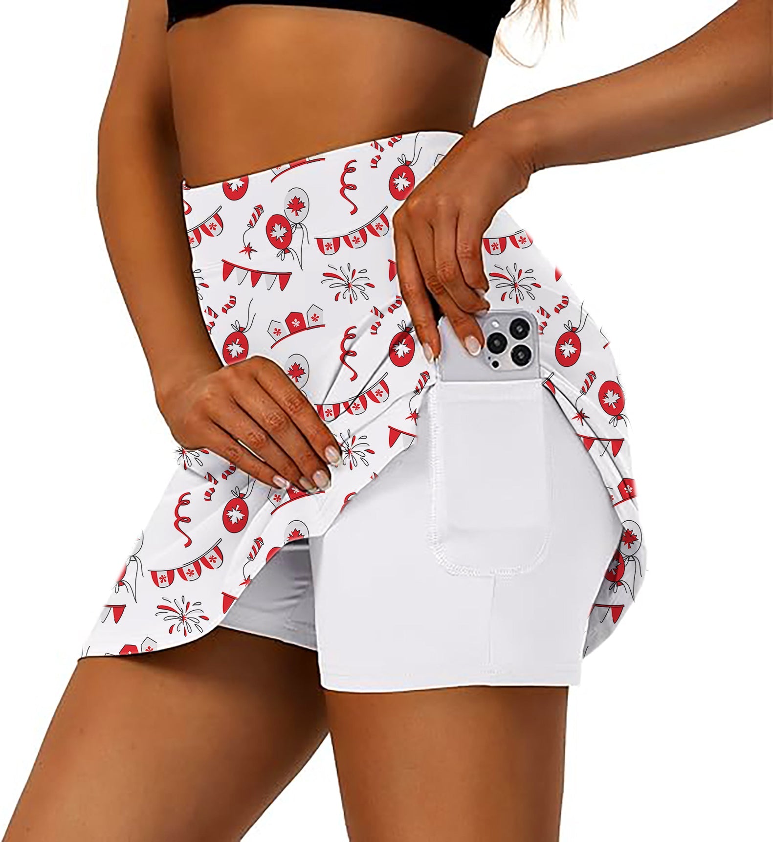 Women's golf skirt with Canadian flag pattern and inner shorts pocket