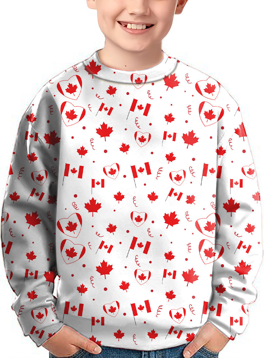 Kids crewneck pullover with Canadian Patriotic Flag pattern and maple leaf design