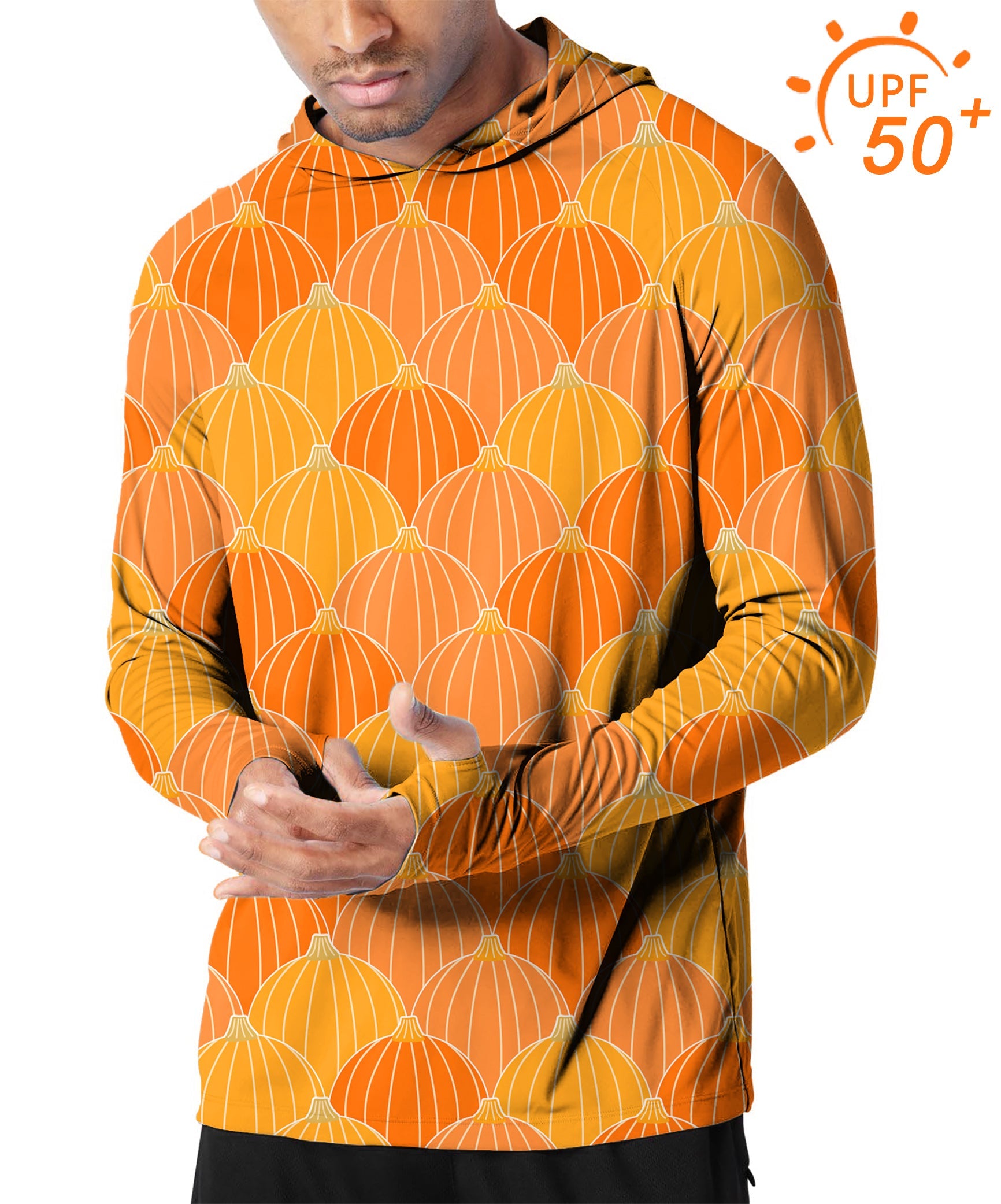 Men's outdoor hoodie with Halloween pumpkin pattern, UPF 50+ sun protection, slim fit, breathable fabric with thumb holes