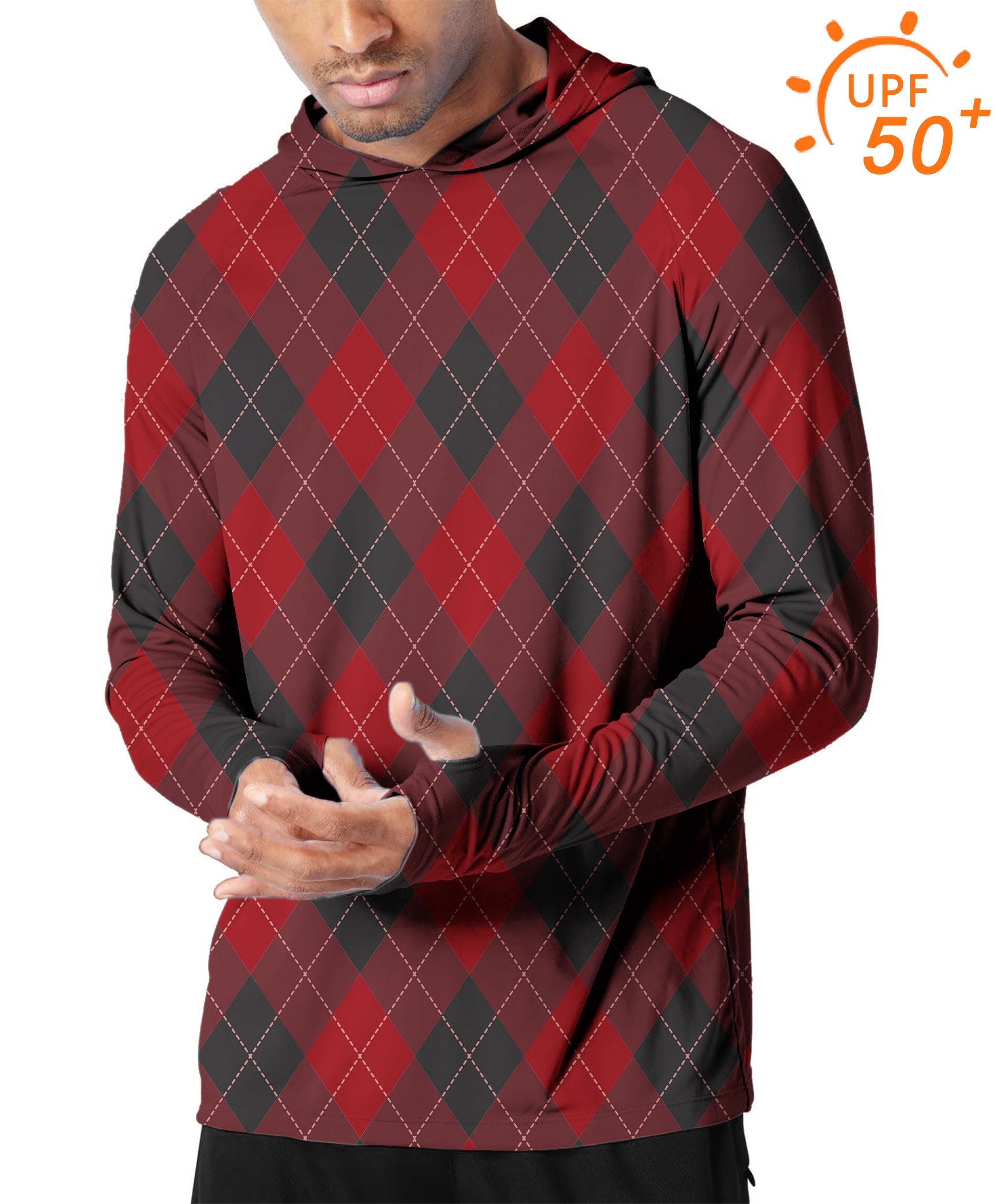 Men's outdoor red argyle slim fit hooded golf shirt with UPF 50+ sun protection