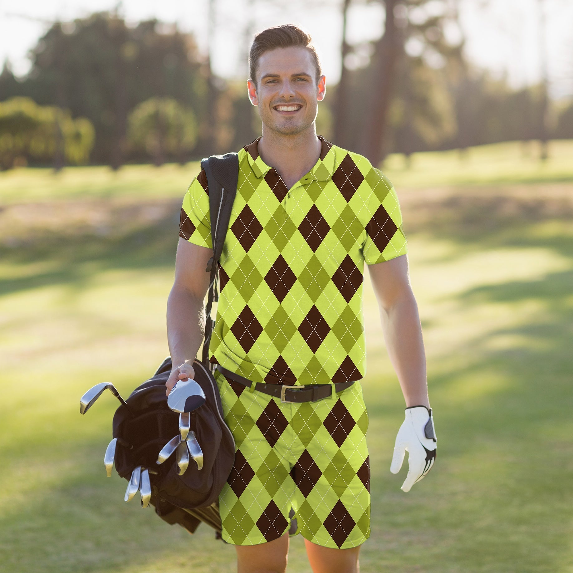 Men's golf set polo and shorts in yellow argyle pattern with moisture-wicking and stretchy fabric