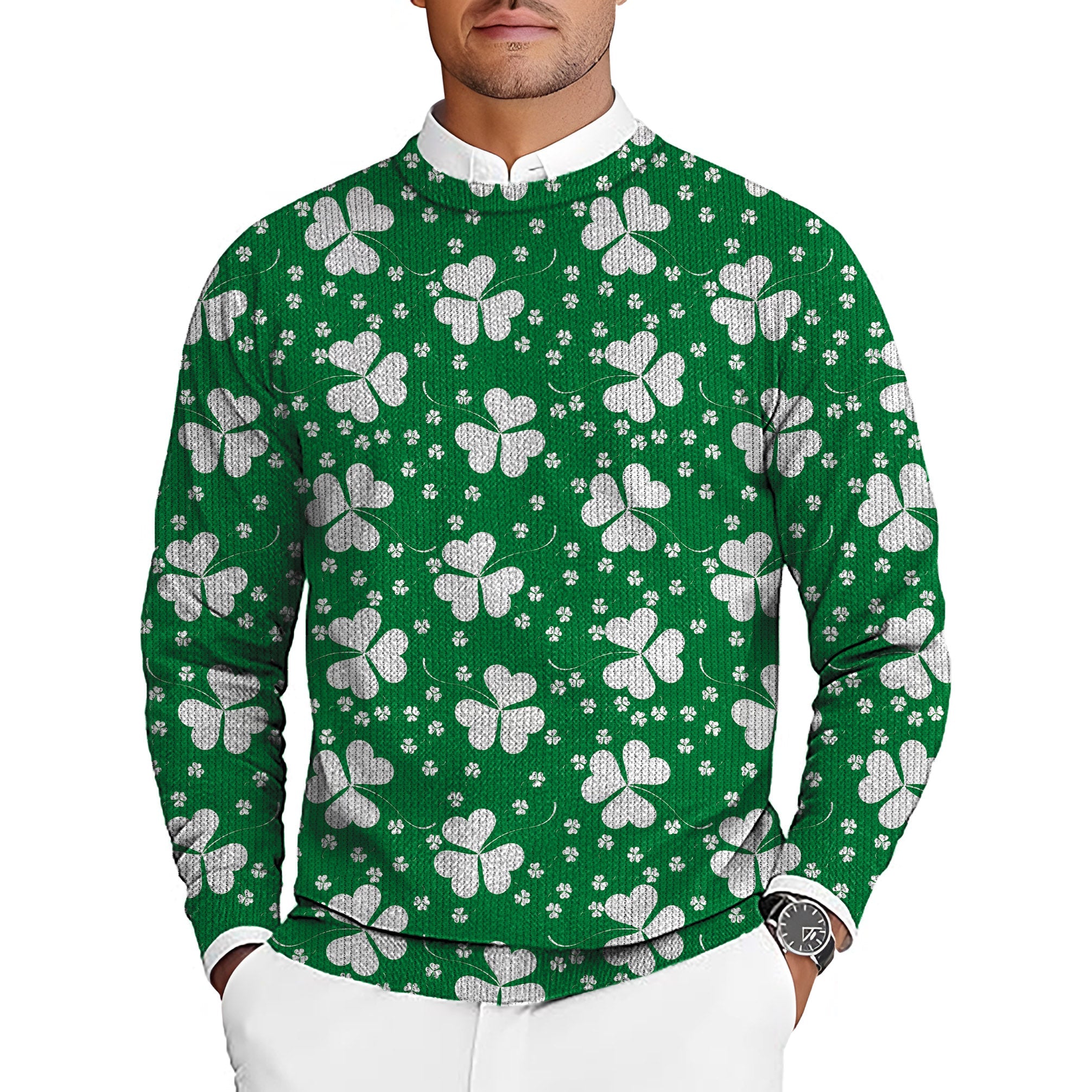 Men's green crewneck pullover sweater with white leaf clover pattern for St. Patrick's Day golf tournament
