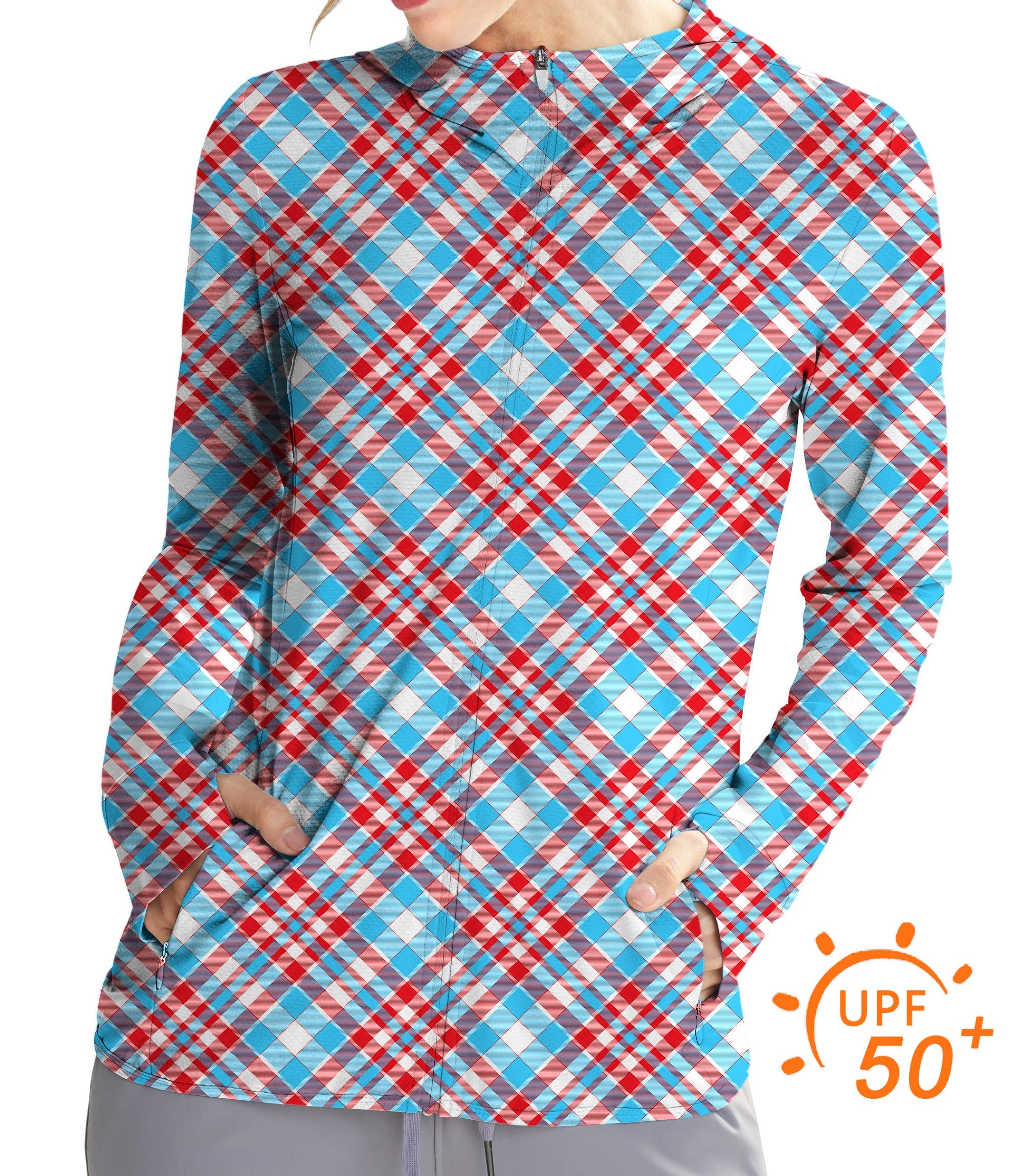 Women's OutdoorArgyle red blue slim fit golf zip hoodie with UPF 50+ sun protection and thumb holes