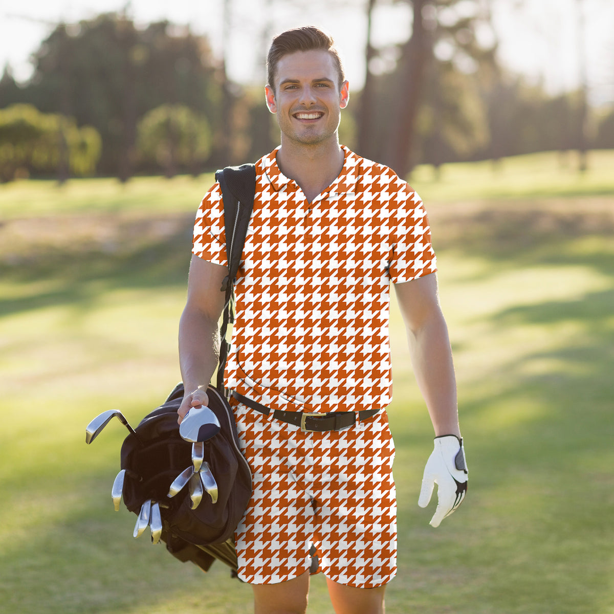 Men's Golf Set Polo+Shorts Halloween yellow and white houndstooth