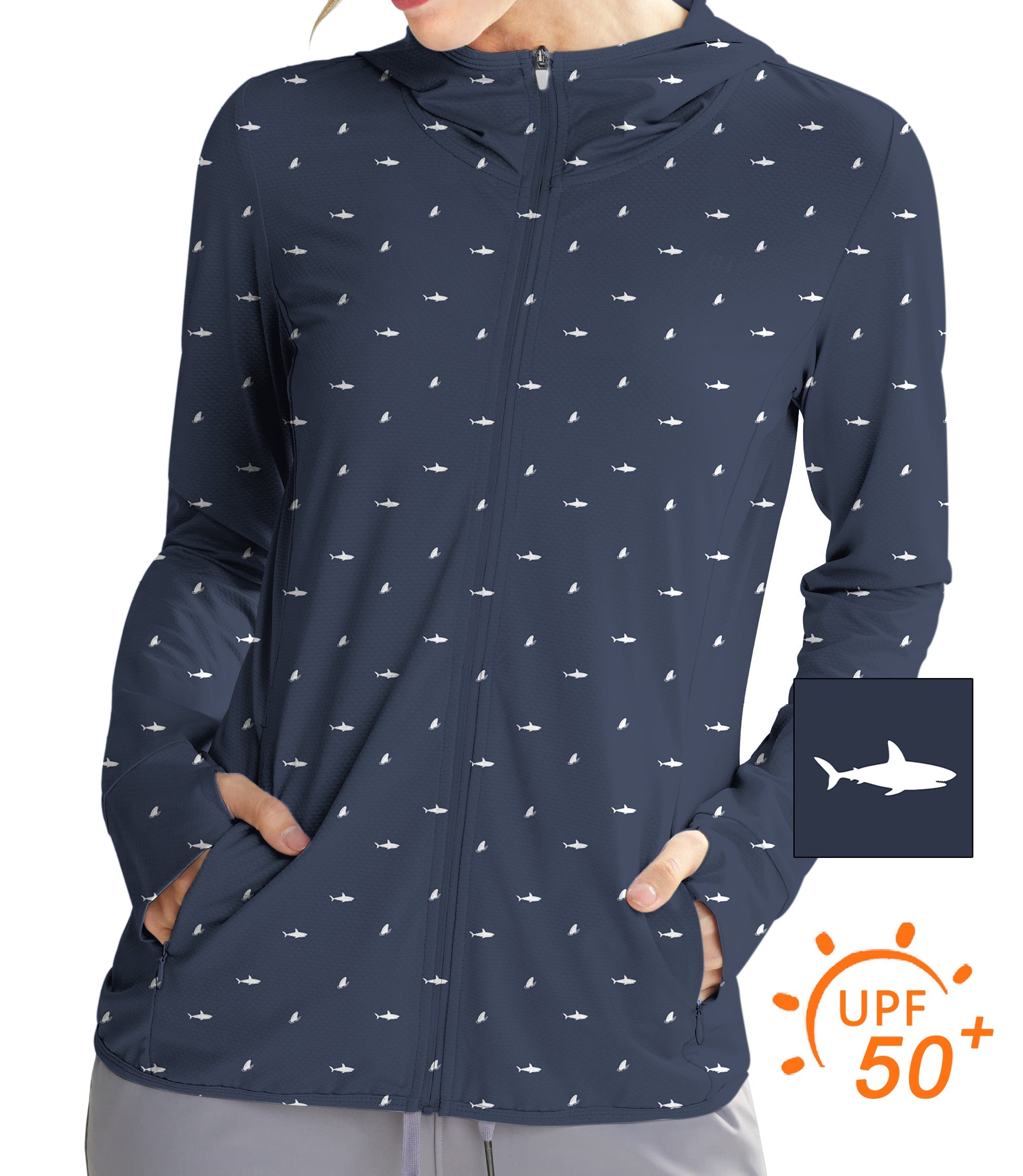 Women's outdoor navy zip hoodie with white shark and fin print, slim fit, UPF 50+ sun protection, thumb holes, lightweight and breathable fabric for golf and outdoor activities