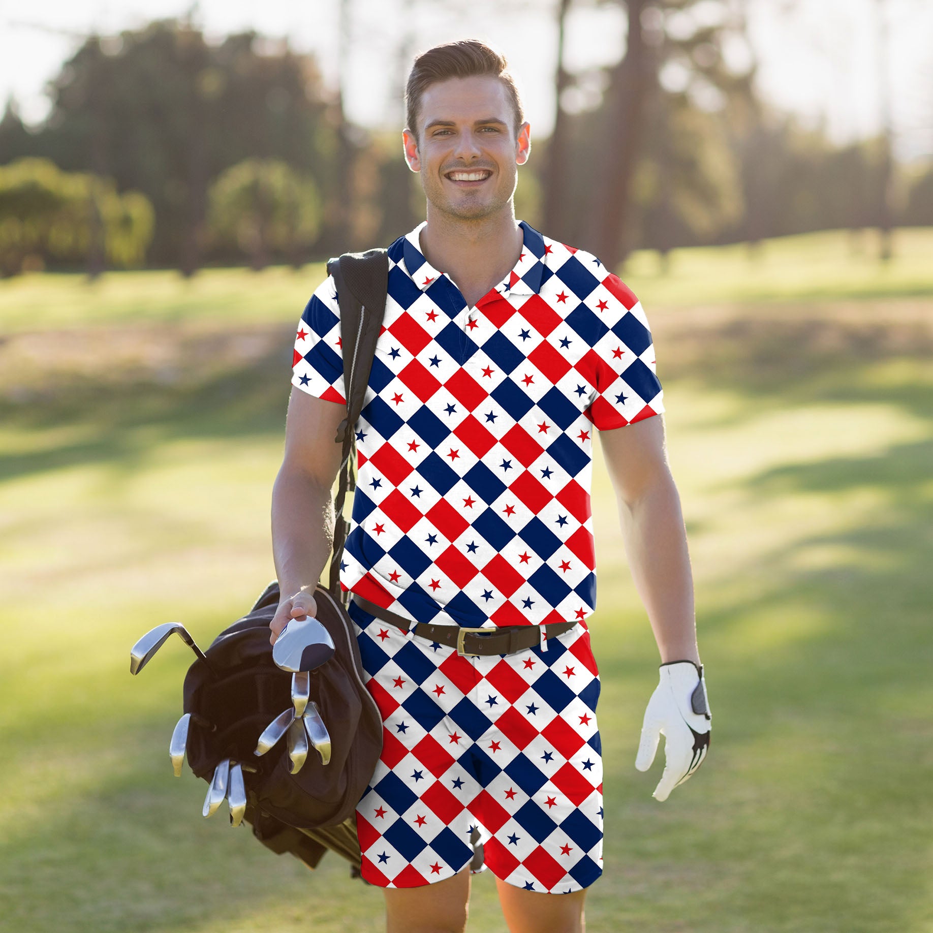 Men's Golf Set Polo+Shorts Argyle US Star flag